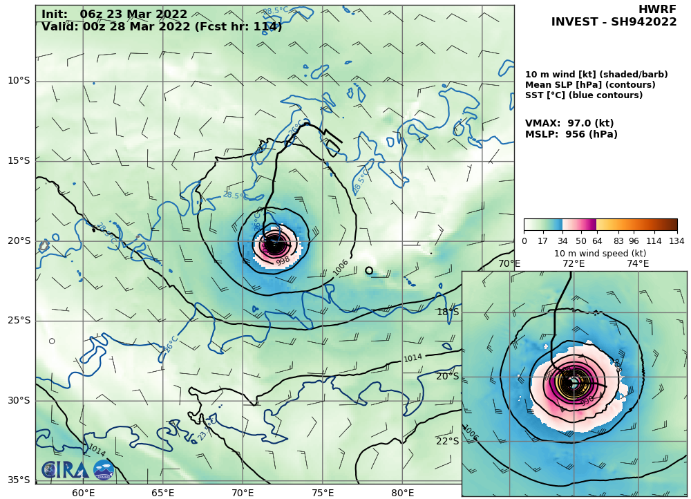 Active South Indian Ocean: TC 21S(CHARLOTTE) weakening// TC 22S(HALIMA): Cat 2 US by 48h, maybe higher,23/15utc