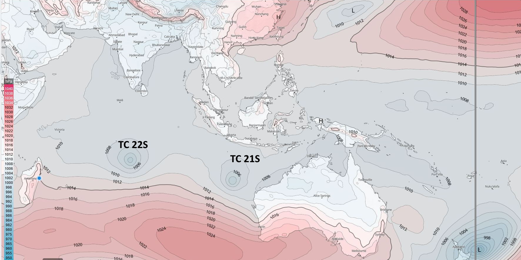 Active South Indian Ocean: TC 21S(CHARLOTTE) weakening// TC 22S(HALIMA): Cat 2 US by 48h, maybe higher,23/15utc