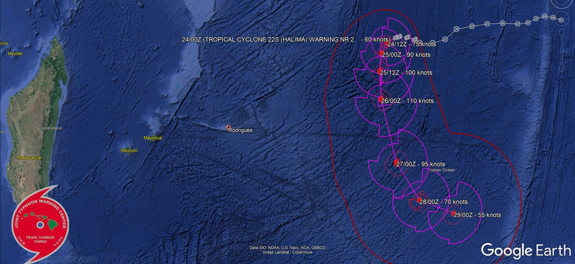 FORECAST REASONING.  SIGNIFICANT FORECAST CHANGES: THE OVERALL FORECAST PHILOSOPHY HAS NOT CHANGED IN TERMS OF TRACK, BUT THE PEAK INTENSITY HAS BEEN INCREASED BY 25 KNOTS TO REFLECT UPDATED RAPID INTENSITY GUIDANCE.   FORECAST DISCUSSION: TC 22S HAS BEEN DRIFTING SLOWLY WESTWARD OVER THE PREVIOUS 12 HOURS, AS THE STEERING RIDGE TO THE SOUTH HAS WEAKENED AND ERODED AS AN UPPER-LEVEL TROUGH MOVES IN FROM THE SOUTHWEST. OVER THE PAST SIX HOURS THE TRACK HAS STARTED TO BEND OVER MORE TOWARDS THE SOUTHWEST, BUT STILL RELATIVELY SLOWLY, INTO A DEVELOPING WEAKNESS IN THE RIDGE. THIS WEAKNESS IS EXPECTED TO BECOME MORE PRONOUNCED IN THE NEXT 12 HOURS, AND THE SYSTEM WILL IN TURN ACCELERATE SOUTHWARD INTO THE WEAKNESS AND ALONG THE WESTERN PERIPHERY OF A MERIDIONAL ORIENTED SUBTROPICAL RIDGE (STR) CENTERED ALONG THE 85E LONGITUDE LINE. THIS GENERAL MOTION IS FORECAST TO CONTINUE TO 72H, BUT THE TRACK WILL TURN EASTWARD BY 120H AS EXTENSION OF A SUBTROPICAL RIDGE WILL BUILD IN TO THE SOUTH OF THE SYSTEM. TC 22S IS IN A HIGHLY FAVORABLE ENVIRONMENT, WITH ALL THE INGREDIENTS IN PLACE TO SUPPORT RI. THE ONLY HINDRANCE AT THE MOMENT IS THE FACT THAT THE POINT SOURCE ALOFT IS NOT QUITE DIRECTLY OVER TOP OF THE SYSTEM RESULTING IN SOME EASTERLY SHEAR, LEADING TO SOME SLIGHT EAST TO WEST VORTEX TILT WITH HEIGHT. MESOSCALE AND STORM-SCALE MODELS SUGGEST THE VORTEX WILL ALIGN WITHIN THE NEXT FEW HOURS, WHICH SHOULD ALLOW FOR ONSET OF RI. PEAK INTENSITY IS CURRENTLY ANTICIPATED TO BE 110 KNOTS/CAT 3 US BY 48H. THE SYSTEM BEGINS TO WEAKEN FAIRLY QUICKLY THEREAFTER AS SHEAR INCREASES AHEAD OF A SHARP TROUGH IN THE MID-LEVELS, AND MID-LEVEL DRY AIR BEGINS TO ENTRAIN INTO THE CORE. BY THE END OF THE FORECAST PERIOD, THE SYSTEM WILL BEGIN TO LOSE SOME OF ITS TROPICAL CHARACTERISTICS AND BEGIN SUBTROPICAL TRANSITION, THOUGH WINDS ARE EXPECTED TO BE ABOVE STORM-FORCE DURING THIS EARLY PHASE OF THE TRANSITION.
