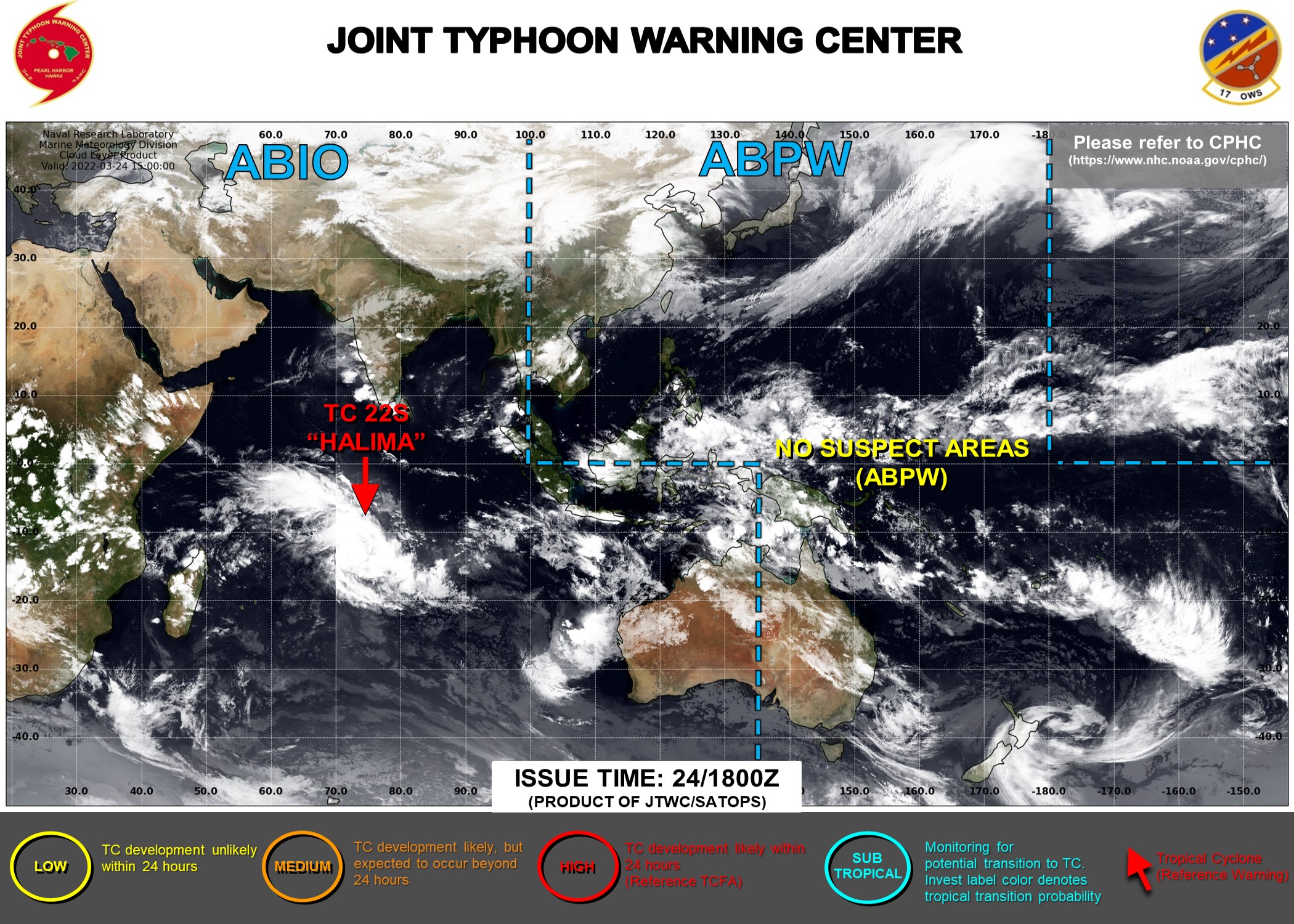 JTWC IS ISSUING 12HOURLY WARNINGS ON TC 22S(HALIMA).3HOURLY SATELLITE BULLETINS ARE ISSUED FOR TC 22S AND THE REMNANTS OF TC 21S(CHARMOTTE).