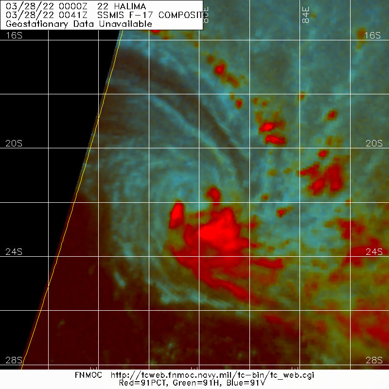 SATELLITE ANALYSIS, INITIAL POSITION AND INTENSITY DISCUSSION: ANIMATED ENHANCED INFRARED (EIR) SATELLITE IMAGERY DEPICTS A SMALL AREA OF CONVECTION ON THE SOUTHEASTERN SIDE OF THE LOW-LEVEL CIRCULATION (LLC). THE SYSTEM APPEARS TO BE ERODING AS IT ENCROACHES UPON COOLER WATER AND HIGHER VERTICAL WIND SHEAR (VWS) TO THE SOUTH. THE INITIAL POSITION IS PLACED WITH HIGH CONFIDENCE BASED ON THE 280041Z SSMIS 37GHZ IMAGE AND THE EIR LOOP. THE INITIAL INTENSITY OF 45KTS IS BASED ON AN OVERALL ASSESSMENT OF MULTIPLE AGENCIES, THE AUTOMATED DVORAK ESTIMATES, AND REFLECTS THE DETERIORATION OF THE SYSTEM. ANALYSIS INDICATES AN UNFAVORABLE ENVIRONMENT WITH WARM SST AND STRONG POLEWARD OUTFLOW, OFFSET BY STRONG VWS AND COLD DRY AIR INTRUSION IN THE LOW LEVELS. TC 22S IS TRACKING ALONG THE SOUTHWESTERN PERIPHERY OF THE NER TO THE NORTHEAST.