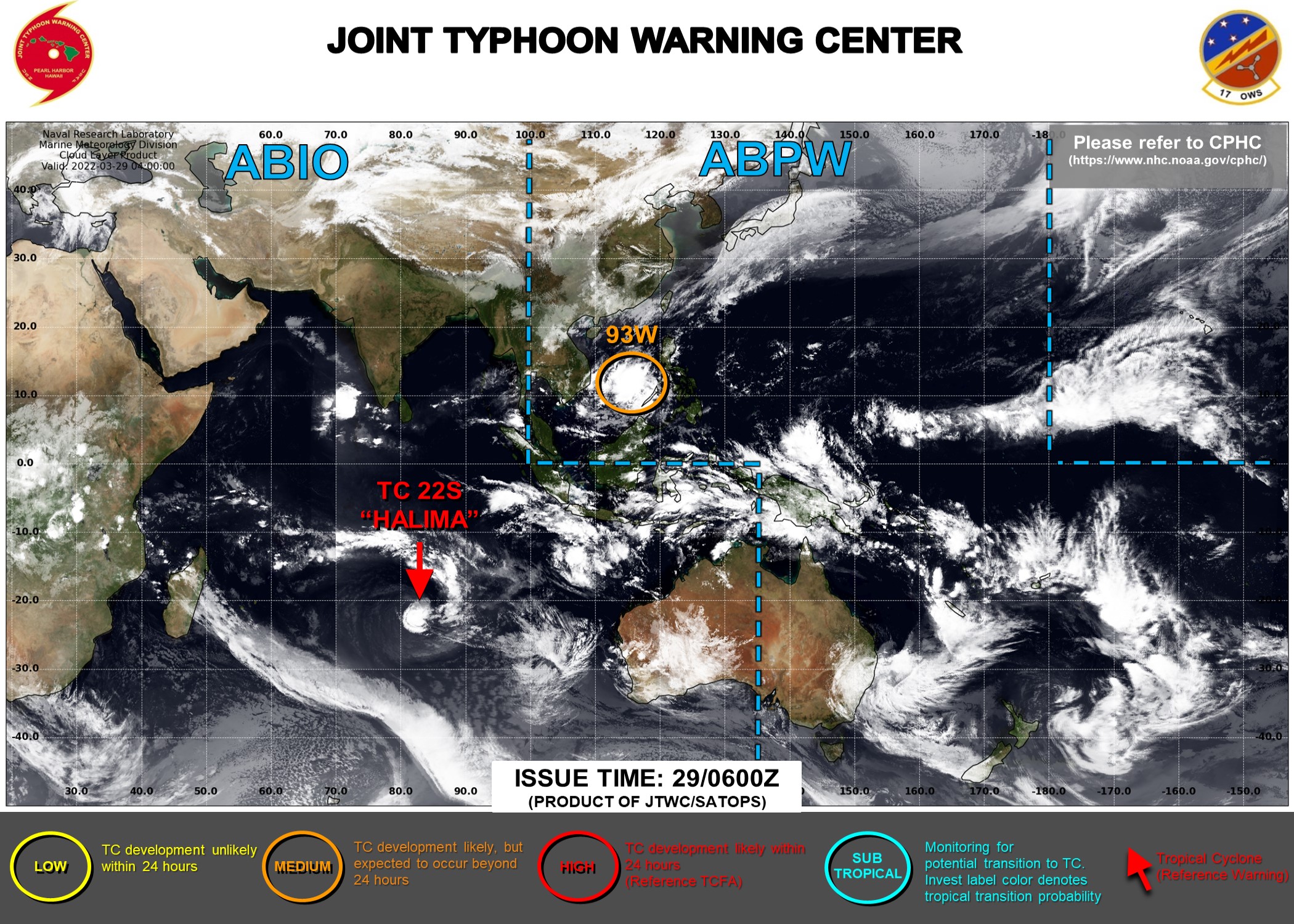 JTWC IS ISSUING 12HOURLY WARNINGS ON TC 22S(HALIMA). 3HOURLY SATELLITE BULLETINS ARE ISSUED ON TC 22S AND INVEST 97P.