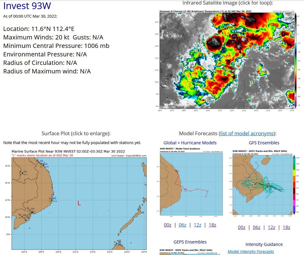 THE AREA OF CONVECTION (INVEST 93W) PREVIOUSLY LOCATED   NEAR 10.8N 114.3E IS NOW LOCATED NEAR 10.8N 113.2E, APPROXIMATELY   750KM SOUTHEAST OF DANANG, VIETNAM. 93W HAS CONSOLIDATED OVER THE  LAST 12 HOURS WITH THE STRONG MID-LEVEL TURNING GRADUALLY BURROWING  DOWN TO THE SURFACE, THOUGH THE WEAK LOW LEVEL CIRCULATION (LLC)  REMAINS OBSCURED BY MID AND UPPER-LEVEL CLOUDS. ENVIRONMENTAL  ANALYSIS INDICATES PRIME CONDITIONS FOR DEVELOPMENT WITH NEAR-RADIAL  OUTFLOW WITH LOW (05-10KT) VERTICAL WIND SHEAR AND WARM (29-30C) SEA  SURFACE TEMPERATURES. THE MAIN HINDRANCES AT THE MOMENT ARE THE  RELATIVELY SHORT TIME REMAINING OVER WATER AND THE RELATIVELY SLOW  CONSOLIDATION OF THE LLC. GFS REMAINS THE MOST AGGRESSIVE MODEL WITH  A TROPICAL DEPRESSION DEVELOPING QUICKLY WITHIN THE NEXT 18-36 HOURS  AS THE SYSTEM TRACKS NORTHWESTWARD TOWARD VIETNAM. ECMWF AND NAVGEM  SHOW A SIMILAR TRACK BUT WITH SIGNIFICANTLY LESS DEVELOPMENT. THE  GFS SOLUTION APPEARS MORE LIKELY CONSIDERING THE FAVORABLE  ENVIRONMENTAL CONDITIONS. MAXIMUM SUSTAINED SURFACE WINDS ARE  ESTIMATED AT 12 TO 18 KNOTS. MINIMUM SEA LEVEL PRESSURE IS ESTIMATED  TO BE NEAR 1006 MB. THE POTENTIAL FOR THE DEVELOPMENT OF A  SIGNIFICANT TROPICAL CYCLONE WITHIN THE NEXT 24 HOURS IS UPGRADED TO  HIGH. MAXIMUM SUSTAINED SURFACE WINDS ARE ESTIMATED AT 18 TO 23  KNOTS. MINIMUM SEA LEVEL PRESSURE IS ESTIMATED TO BE NEAR 1005 MB.  THE POTENTIAL FOR THE DEVELOPMENT OF A SIGNIFICANT TROPICAL CYCLONE  WITHIN THE NEXT 24 HOURS IS HIGH.