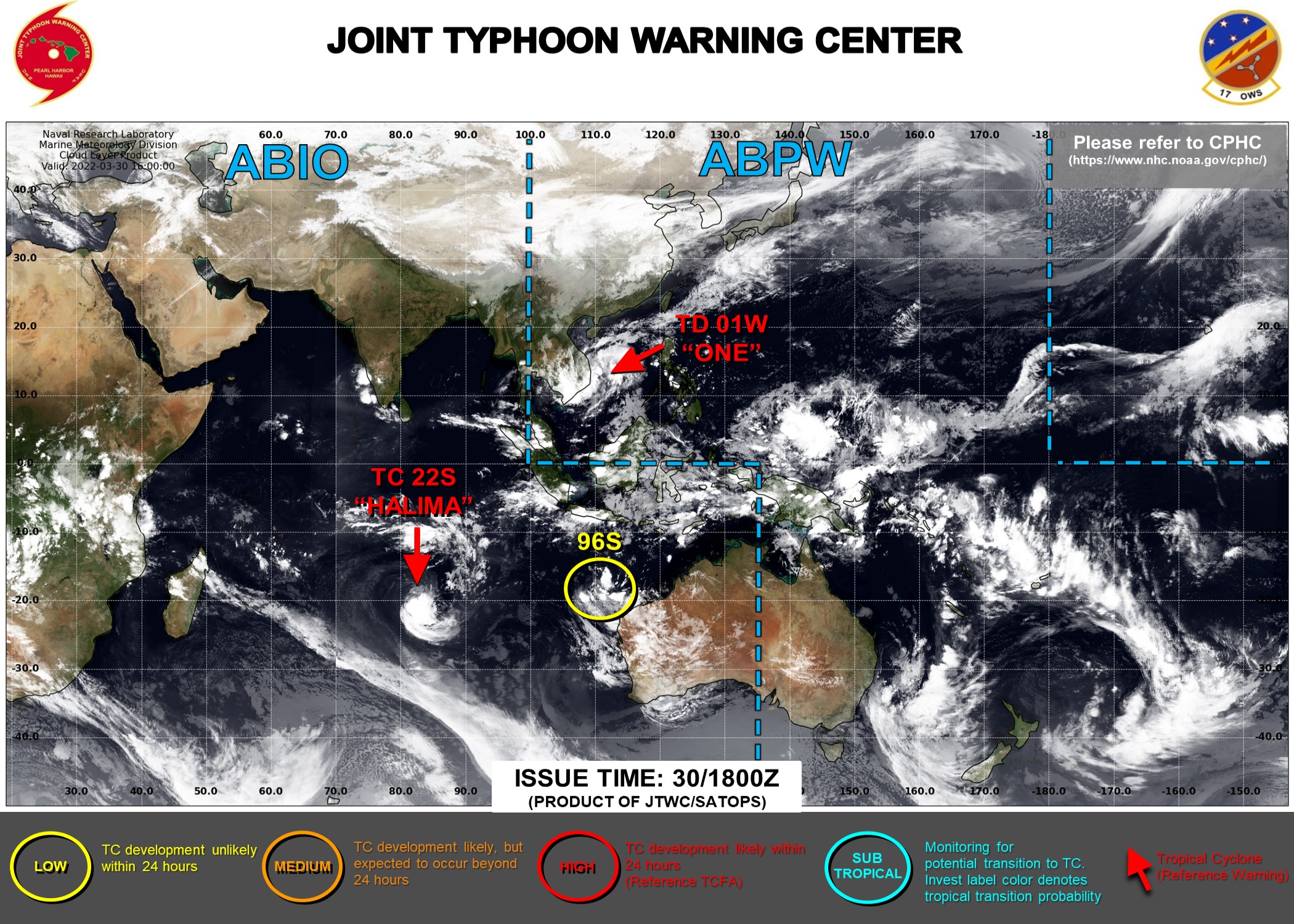 JTWC IS ISSUING 12HOURLY WARNINGS ON TC 22S(HALIMA). 3HOURLY SATELLITE BULLETINS ARE ISSUED ON TC 22S AND TD 01W.