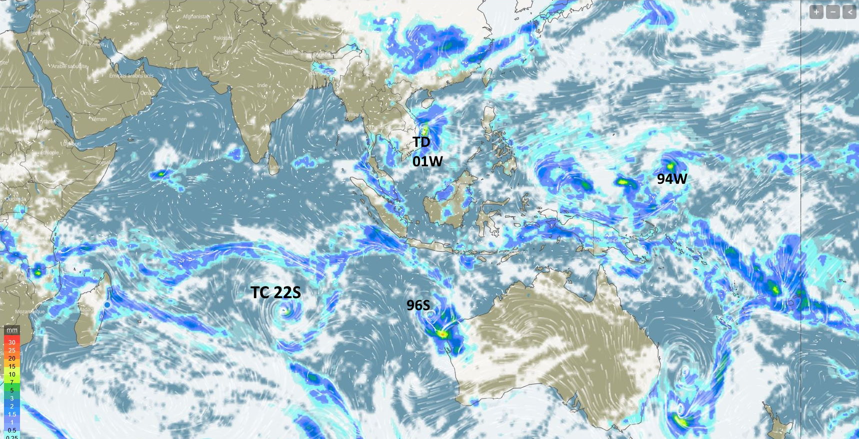 TC 22S(HALIMA): forecast to fall below 35kts after 24h//TD 01W: made landfall //Invest 96S and Invest 94W, 31/03utc