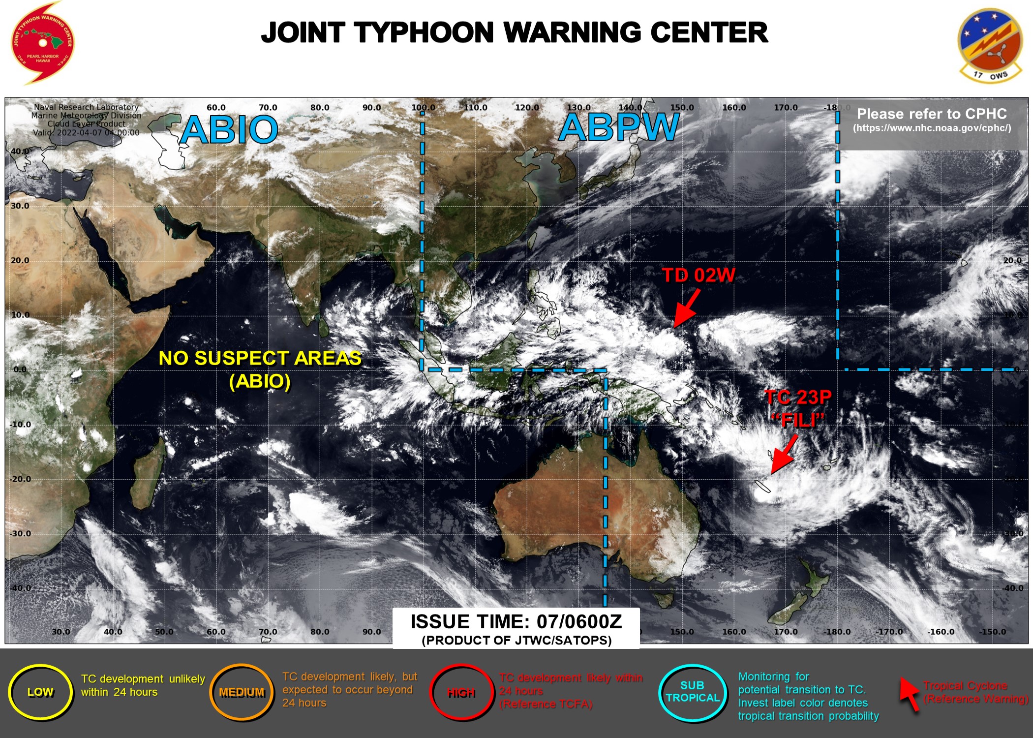 JTWC IS ISSUING 6HOURLY WARNINGS ON TD 02W AND TC 23P(FILI). 3HOURLY SATELLITE BULLETINS ARE ISSUED ON BOTH SYSTEMS.