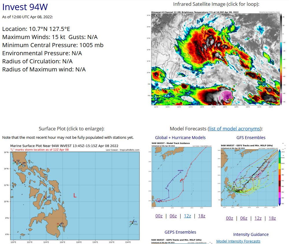 THE AREA OF CONVECTION (INVEST 94W) PREVIOUSLY LOCATED  NEAR 8.9N 128.8E IS NOW LOCATED NEAR 12.2N 126.1E , APPROXIMATELY 65 KM EAST OF THE VISAYAN ISLANDS, PHILIPPINES. ANIMATED MULTISPECTRAL  SATELLITE IMAGERY (MSI) AND 072203Z SSMIS 91GHZ MICROWAVE IMAGE  DEPICT A BROAD AREA WITH DISORGANIZED CONVECTION OFFSET TO THE  NORTHWEST NEAR THE PHILIPPINES. ENVIRONMENTAL ANALYSIS DEPICTS A  MARGINALLY FAVORABLE ENVIRONMENT CHARACTERIZED BY PRONOUNCED  POLEWARD OUTFLOW, LOW (05 TO 10KTS) VERTICAL WIND SHEAR (VWS), AND  HIGH (29-30C) SEA SURFACE TEMPERATURES. GLOBAL MODEL GUIDANCE SHOWS  GREATER CONCURRENCE BETWEEN GFS AND ECMWF REGARDING THE  INTENSIFICATION AND POSITION OF 94W. RECENT MODEL RUNS PREDICT  THAT THE INVEST WILL REACH TC STRENGTH AROUND 48H WHILE NAVGEM  AND CMC STILL DOUBT INTENSIFICATION AND PLACE THE INVEST 5 DEGREES  EAST. MAXIMUM SUSTAINED SURFACE WINDS ARE ESTIMATED AT 12 TO 18  KNOTS. MINIMUM SEA LEVEL PRESSURE IS ESTIMATED TO BE NEAR 1005 MB.  THE POTENTIAL FOR THE DEVELOPMENT OF A SIGNIFICANT TROPICAL CYCLONE  WITHIN THE NEXT 24 HOURS REMAINS LOW.