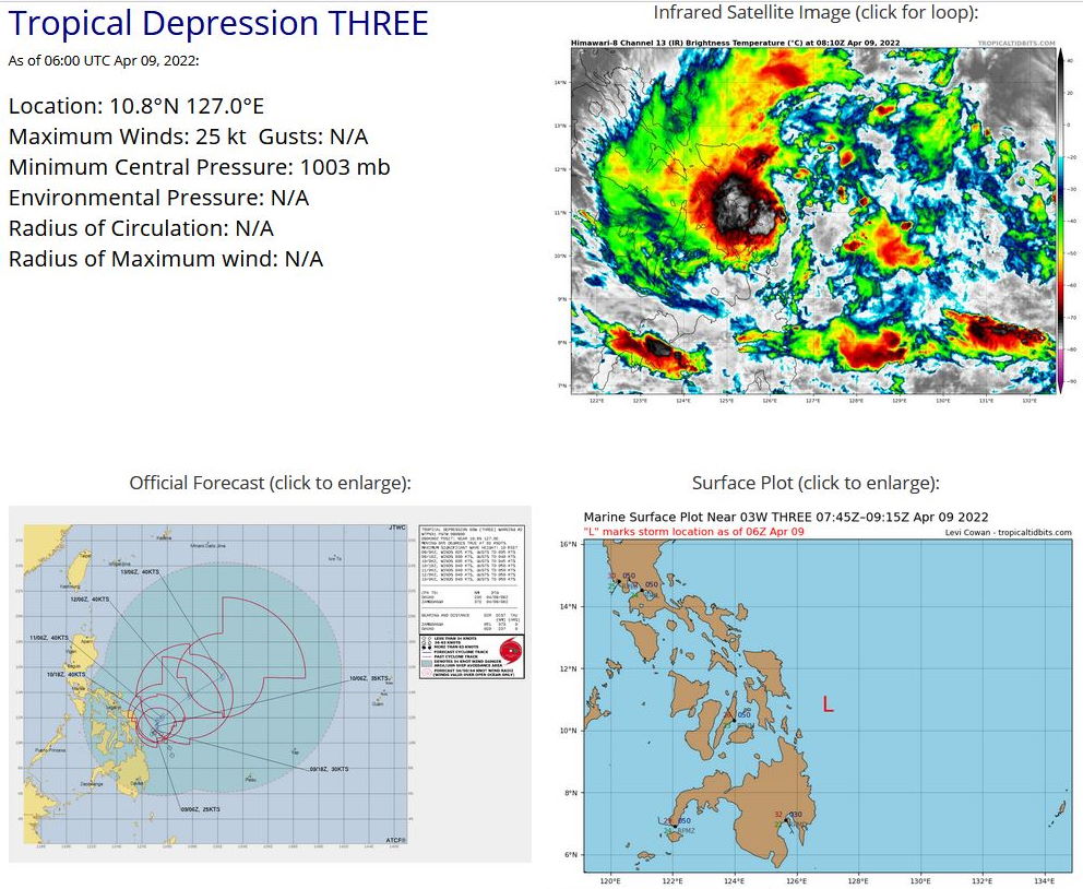 SATELLITE ANALYSIS, INITIAL POSITION AND INTENSITY DISCUSSION: ANIMATED MULTISPECTRAL SATELLITE IMAGERY (MSI) DEPICTS A WEAK AND IRREGULAR SYSTEM WITH FRAGMENTED FORMATIVE BANDS, MOSTLY WRAPPING IN FROM THE NORTH INTO A PARTIALLY EXPOSED LOW LEVEL CIRCULATION (LLC). THE INITIAL POSITION IS PLACED WITH MEDIUM CONFIDENCE BASED ON THE PARTIALLY EXPOSED LLC IN THE MSI LOOP. THE INITIAL INTENSITY OF 25KTS IS BASED ON EQUAL AGENCY AND AUTOMATED DVORAK ESTIMATES AND SUPPORTED BY NEARBY SURFACE OBSERVATIONS INCLUDING WIND AND MSLP REPORTS FROM GUIUAN ISLAND. ANALYSIS INDICATES A MARGINALLY FAVORABLE ENVIRONMENT WITH MODERATE VWS, MODERATE POLEWARD OUTFLOW, AND WARM SST. THE CYCLONE IS QUASI-STATIONARY (QS) IN THE PHILIPPINE SEA WHERE IT IS EMBEDDED IN A SHALLOW TROUGH WITH EASTERLY TRADEWINDS TO THE NORTH AND A BELT OF WESTERLIES TO THE SOUTH.