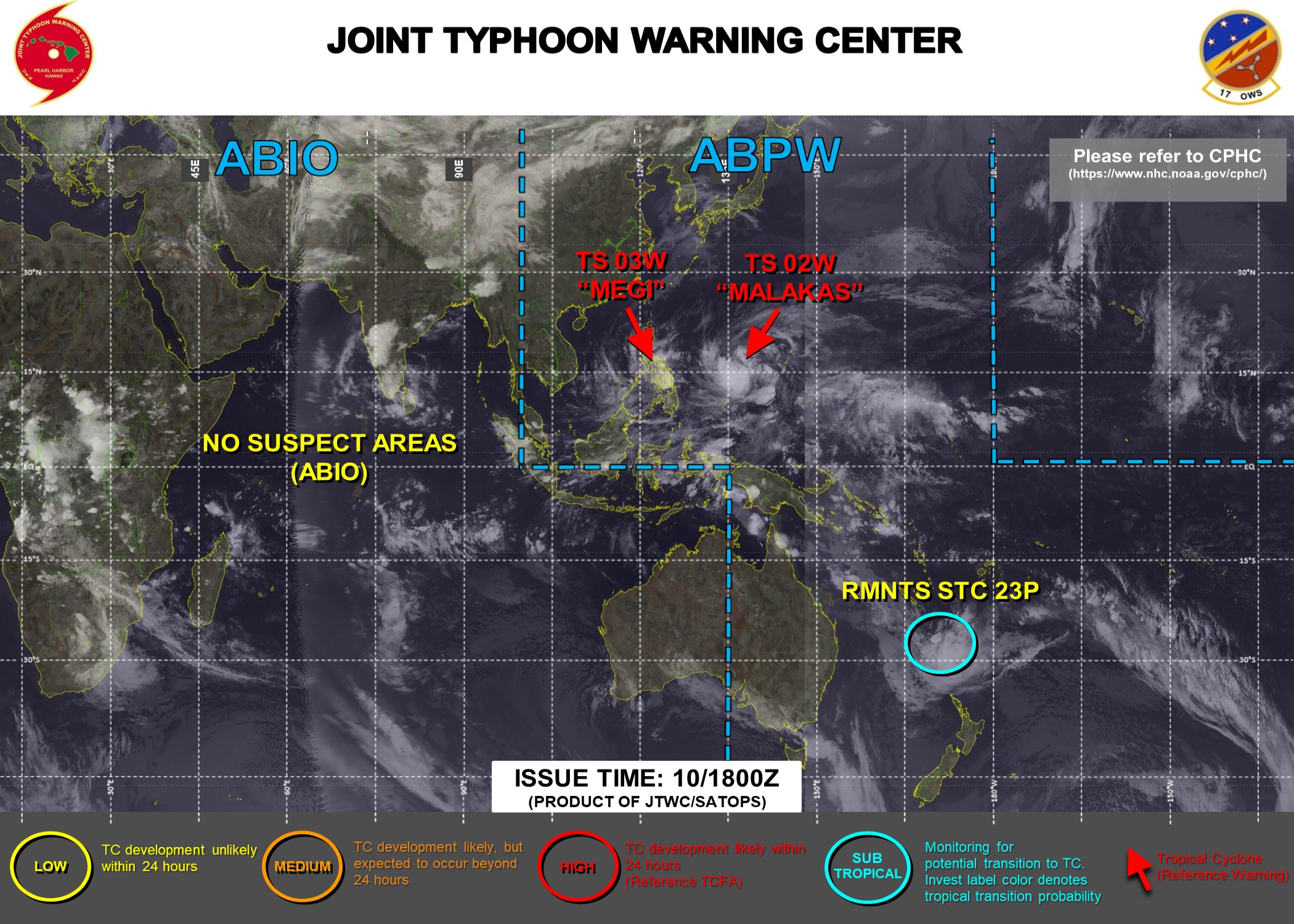 JTWC IS ISSUING 6HOURLY WARNINGS ON TS 02W(MALAKAS) AND TS 03W(MEGI). 3HOURLY SATELLITE BULLETINS ARE ISSUED ON BOTH SYSTEMS AND ON SUBTROPICAL TC 23P(FILI).