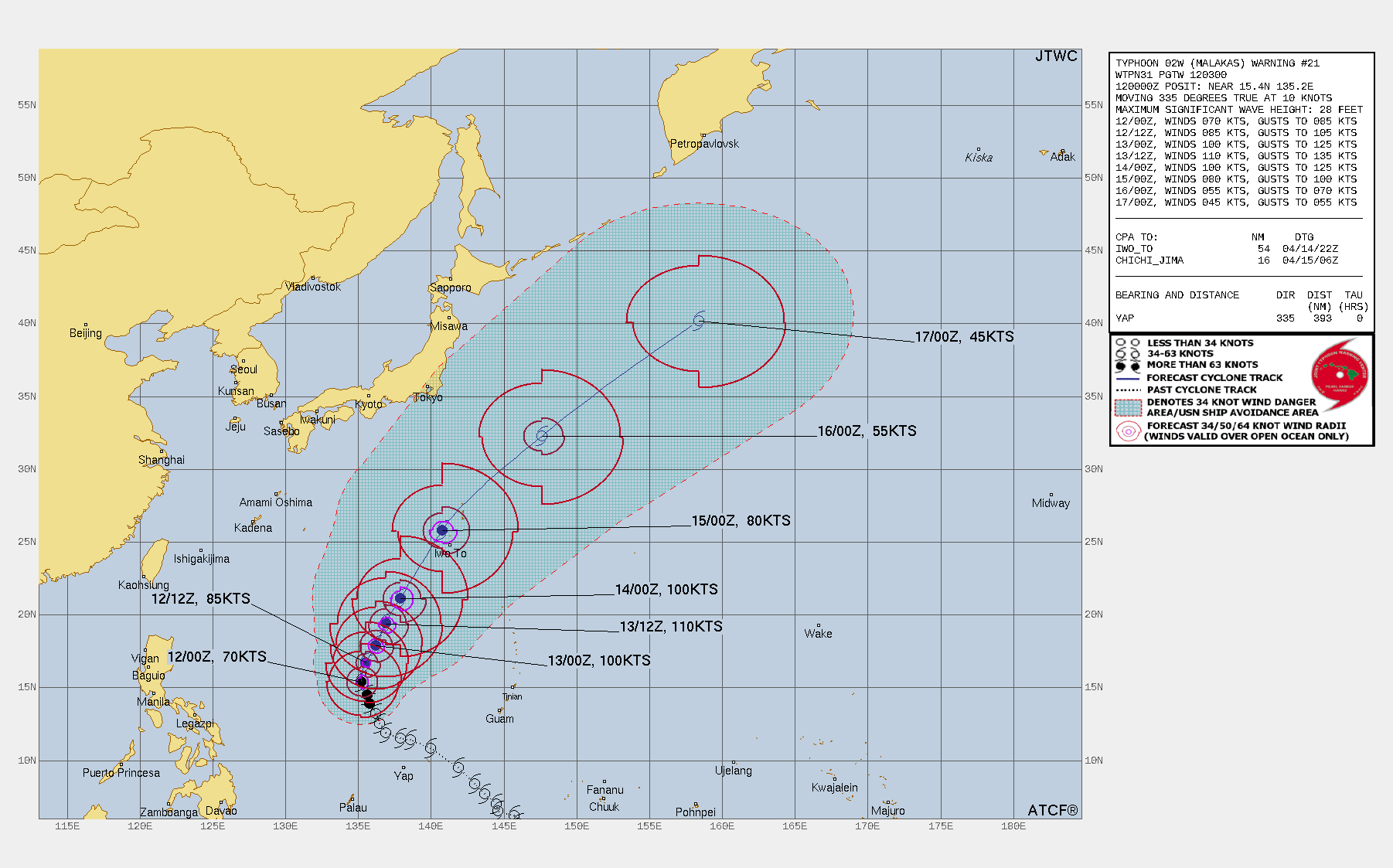 FORECAST REASONING.  SIGNIFICANT FORECAST CHANGES: THERE ARE NO SIGNIFICANT CHANGES TO THE FORECAST FROM THE PREVIOUS WARNING.  FORECAST DISCUSSION: TY MALAKAS WILL CONTINUE TO ROUND THE SUBTROPICAL RIDGE (STR) OVER THE NEXT 12 TO 18 HOURS, AFTER WHICH THE STORM MOTION SHOULD BEGIN TO RECURVE NORTHEASTWARD. FAVORABLE ENVIRONMENTAL CONDITIONS WILL CONTINUE FOR THE NEXT 36 HOURS, ALLOWING FURTHER INTENSIFICATION. THE DEVELOPMENT OF AN EYE IS RAISING THE LIKLIHOOD THAT RAPID INTENSIFICATION (RI) MAY COMMENCE SHORTLY, IF THE NASCENT EYE CAN CONTINUE TO CLEAR OUT. THE GFS AND HWRF BOTH DEPICT RAPID DEEPENING, REACHING MSLP MINIMA OF 947 AND 936 MB, RESPECTIVELY OVER THE NEXT DAY AND A HALF. ADDITIONALLY, SEVERAL RI AIDS WERE TRIGGERED THIS CYCLE, SO THE SHORT-TERM FORECAST INTENSITY TREND WAS INCREASED. A PEAK OF 110 KNOTS/CAT 3 US IS FORECAST AT 36H. THE FORECAST TRACK HAS REMAINED STEADY IN THE CROSS-TRACK DIRECTION, HOWEVER GFS NOW TRACKS 02W MUCH MORE QUICKLY IN THE 96 TO 120 HOUR PERIOD, RESULTING IN A MARKED SHIFT IN THE CONSENSUS MEAN POSITION AT 120H. THE FORECAST POSIT FOR THAT TAU WAS ADJUSTED AHEAD SLIGTHLY, BUT MAY REQUIRE ADDITIONAL ADJUSTMENT IF THIS TREND CONTINUES. MODELS CONTINUE TO INDICATE INCREASING VERTICAL WIND SHEAR WILL OCCUR AFTER 36H. BY 72H, DRY AIR WILL FURTHER DISRUPT THE SYSTEM. EXTRA-TROPICAL TRANSITION (ETT) WILL BEGIN SHORTLY AFTER 72H AND BE COMPLETED BY 120H AS MALAKAS IS FULLY UNDER THE MID-LATITUDE JET. TY 02W IS EXPECTED TO BECOME A STRONG GALE-FORCE COLD-CORE LOW WITH A LARGE WIND FIELD.