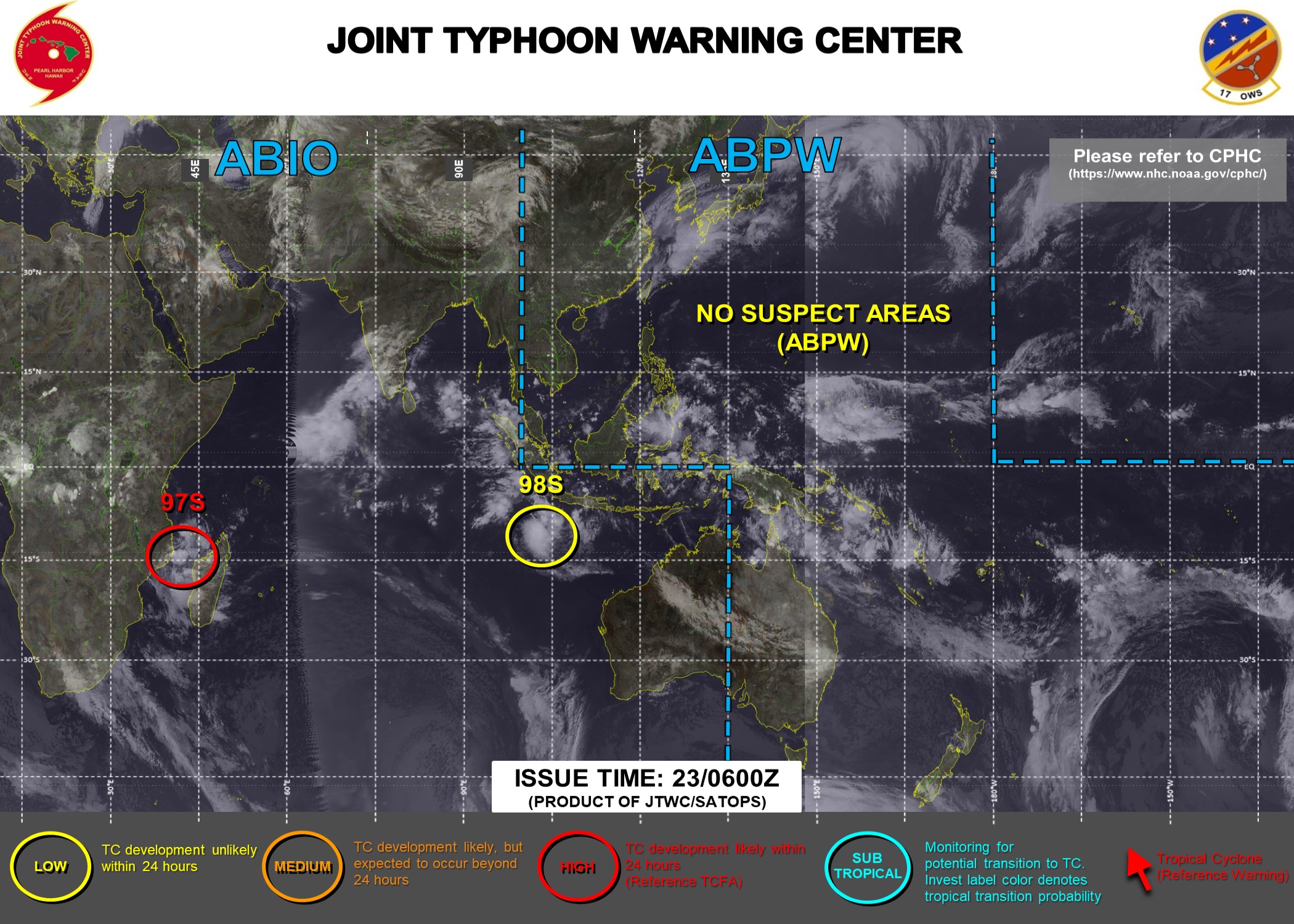 JTWC IS ISSUING 3HOURLY SATELLITE BULLETINS ON 97S AND 98S.