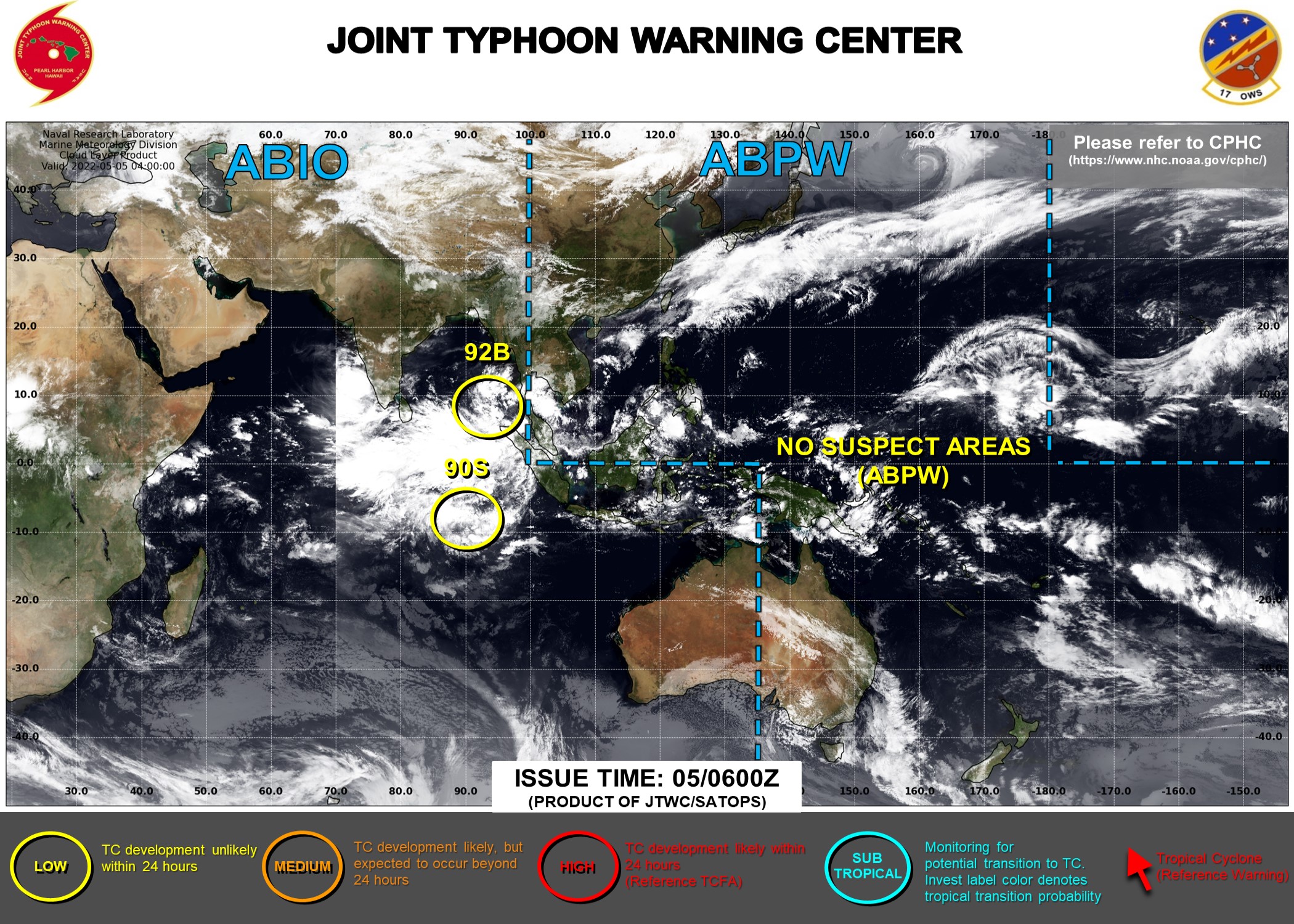 Indian Ocean: 2 Invests monitored: Invest 92B and Invest 90S, 05/06utc