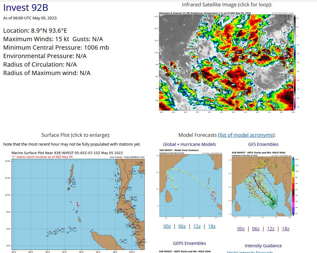 AN AREA OF CONVECTION (INVEST 92B) HAS PERSISTED NEAR 8.5S  93.3E, APPROXIMATELY 30 KM NORTH-NORTHEAST OF BOMPAKA ISLAND.  ANIMATED ENHANCED MULTISPECTRAL SATELLITE IMAGERY AND A 050027 SSMIS  91 GHZ IMAGE REVEAL DEEP BUT DISORGANIZED CONVECTION WRAPPING AROUND  A BROAD, WEAK LOW LEVEL CIRCULATION (LLC). ENVIRONMENTAL ANALYSIS  SHOWS THE INVEST IS IN A MARGINALLY FAVORABLE ENVIRONMENT FOR  DEVELOPMENT DEFINED BY FAIR EQUATORWARD OUTFLOW, MODERATE (15-20KT)  VERTICAL WIND SHEAR, AND VERY WARM (30-31C) SEA SURFACE  TEMPERATURES. GLOBAL MODEL GUIDANCE IS IN GOOD AGREEMENT THAT 92B  WILL TRACK NORTH-NORTHWESTWARD OVER THE NEXT 48-72 HOURS AND  GRADUALLY ORGANIZE. MAXIMUM SUSTAINED SURFACE WINDS ARE ESTIMATED AT  13 TO 18 KNOTS. MINIMUM SEA LEVEL PRESSURE IS ESTIMATED TO BE NEAR  1006 MB. THE POTENTIAL FOR THE DEVELOPMENT OF A SIGNIFICANT TROPICAL  CYCLONE WITHIN THE NEXT 24 HOURS IS LOW.
