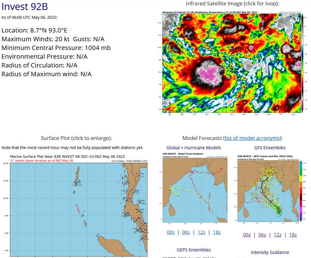 THE AREA OF CONVECTION (INVEST 92B) PREVIOUSLY LOCATED  NEAR 8.9N 93.0E IS NOW LOCATED NEAR 8.7N 92.7E, APPROXIMATELY 330 KM  SOUTH OF PORT BLAIR. ANIMATED ENHANCED MULTISPECTRAL SATELLITE  IMAGERY AND A 052229Z SSMIS 91 GHZ IMAGE REVEAL DEEP BUT BROAD  DISORGANIZED CONVECTION ASSOCIATED WITH A LOW LEVEL CIRCULATION  (LLC). ENVIRONMENTAL ANALYSIS SHOWS THE INVEST IS IN A FAVORABLE  ENVIRONMENT FOR DEVELOPMENT DEFINED BY FAIR POLEWARD OUTFLOW,  MODERATE (15-20KTS) VERTICAL WIND SHEAR, AND VERY WARM (30-31C) SEA  SURFACE TEMPERATURES. GLOBAL MODEL GUIDANCE IS IN GOOD AGREEMENT  THAT 92B WILL TRACK NORTHWESTWARD OVER THE NEXT 48 HOURS AND  GRADUALLY ORGANIZE. MAXIMUM SUSTAINED SURFACE WINDS ARE ESTIMATED AT  15-20 KNOTS. MINIMUM SEA LEVEL PRESSURE IS ESTIMATED TO BE NEAR 1005  MB. THE POTENTIAL FOR THE DEVELOPMENT OF A SIGNIFICANT TROPICAL  CYCLONE WITHIN THE NEXT 24 HOURS IS UPGRADED TO MEDIUM.