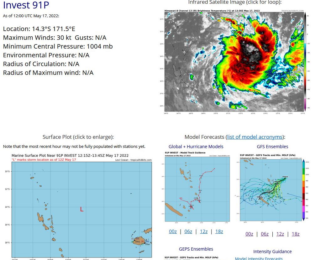 FORMATION OF A SIGNIFICANT TROPICAL CYCLONE IS POSSIBLE WITHIN 220 KM EITHER SIDE OF A LINE FROM 13.7S 171.8E TO 15.4S 170.0E WITHIN THE NEXT 12 TO 24 HOURS. AVAILABLE DATA DOES NOT JUSTIFY ISSUANCE OF NUMBERED TROPICAL CYCLONE WARNINGS AT THIS TIME. WINDS IN THE AREA ARE ESTIMATED TO BE 25 TO 30 KNOTS. METSAT IMAGERY AT 170600Z INDICATES THAT A CIRCULATION CENTER IS LOCATED NEAR 13.8S 171.9E. THE SYSTEM IS MOVING SOUTHEASTWARD AT 07 KM/H. 2. REMARKS: THE AREA OF CONVECTION (INVEST 91P) PREVIOUSLY LOCATED  NEAR 13.7S 171.E IS NOW LOCATED NEAR 13.8S 171.9E, APPROXIMATELY 313  NM NORTHEAST OF PORT VILA, VANUATU. ANIMATED MULTISPECTRAL SATELLITE  IMAGERY DEPICTS A CONSOLIDATING SYSTEM WITH FORMATIVE BANDING  FEEDING IN FROM THE NORTHEAST. A 170703Z SSMIS MICROWAVE IMAGE SHOWS  DEEP CONVECTION OVER THE LOW LEVEL CIRCULATION (LLC) AND CURVED,  CONVECTIVE BANDING TO THE SOUTHEAST WRAPPING INTO THE EASTERN  QUADRANT OF THE LLC. A 170714Z ASCAT (METOP-C) IMAGERY REVEALS 20-24  KNOT WINDS TO THE SOUTH-SOUTHEAST OF THE LLC. UPPER-LEVEL ANALYSIS  REVEALS A FAVORABLE ENVIRONMENT WITH LIGHT TO MODERATE (10-15 KNOTS)  VERTICAL WIND SHEAR AND ROBUST RADIAL OUTFLOW. DYNAMIC MODELS  INDICATE GRADUAL INTENSIFICATION OVER THE NEXT 24-36HRS AS THE  SYSTEM TRACKS TO THE SOUTHWEST. MAXIMUM SUSTAINED SURFACE WINDS ARE  ESTIMATED AT 25 TO 30 KNOTS. MINIMUM SEA LEVEL PRESSURE IS ESTIMATED  TO BE NEAR 1006 MB WITH WARM (29-30 C) SEA SURFACE TEMPERATURES. THE  POTENTIAL FOR THE DEVELOPMENT OF A SIGNIFICANT TROPICAL CYCLONE  WITHIN THE NEXT 24 HOURS IS HIGH.