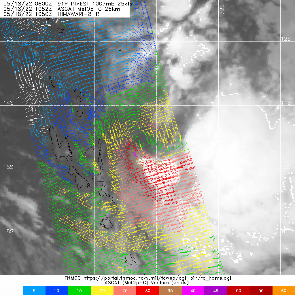 181052Z ASCAT BULLSEYE PASS WITH THE STRONGEST WIND BARBS ALONG THE SOUTHWEST QUADRANT UNDER THE FLARING CONVECTION.