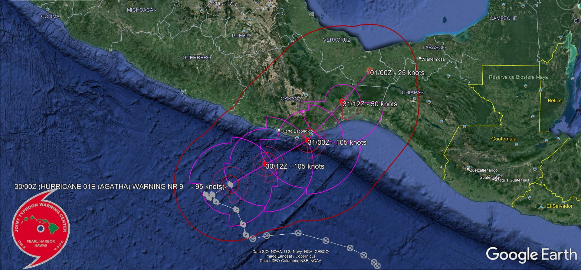 Hurricane Agatha Discussion Number   9 NWS National Hurricane Center Miami FL       EP012022 1000 PM CDT Sun May 29 2022  It seems like the rapid intensification of Agatha has finally  leveled off.  Satellite images show that while the hurricane  continues to have strong convection near the center, there is no  real sign of an eye emerging.  In addition, recent microwave data  has degraded some since this afternoon, although the small inner  core is not easily resolved on most instruments.  The 00Z TAFB/SAB  satellite classifications haven't changed from earlier, so the  initial wind speed will stay 95 kt on this advisory.  Agatha still  has about a day to intensify over very warm waters with light  shear, and the hurricane should become a major hurricane before  landfall late Monday.  Similar to last night, guidance has come  down from the last cycle, but I'm not falling for it this time.   The new forecast is primarily based on the last forecast and the  overall conducive environment for strengthening up until landfall.  Agatha is finally moving to the northeast, estimated at 055/5 kt.   The hurricane should continue moving to the northeast or  east-northeast at a little faster rate as it becomes embedded in  low- to mid-level southwesterly flow.  Model guidance has shifted  slightly eastward since this afternoon, perhaps since the now  vertically deeper hurricane could feel the upper-level westerlies  more.  Regardless, almost all of the models show Agatha near the  southern coast of the Mexican state of Oaxaca in about 24 hours, and  the new forecast is nudged eastward to come into line with the  latest consensus trackers.  After landfall, rapid weakening is  forecast and Agatha is expected to dissipate over the high terrain  of southern Mexico late Tuesday.