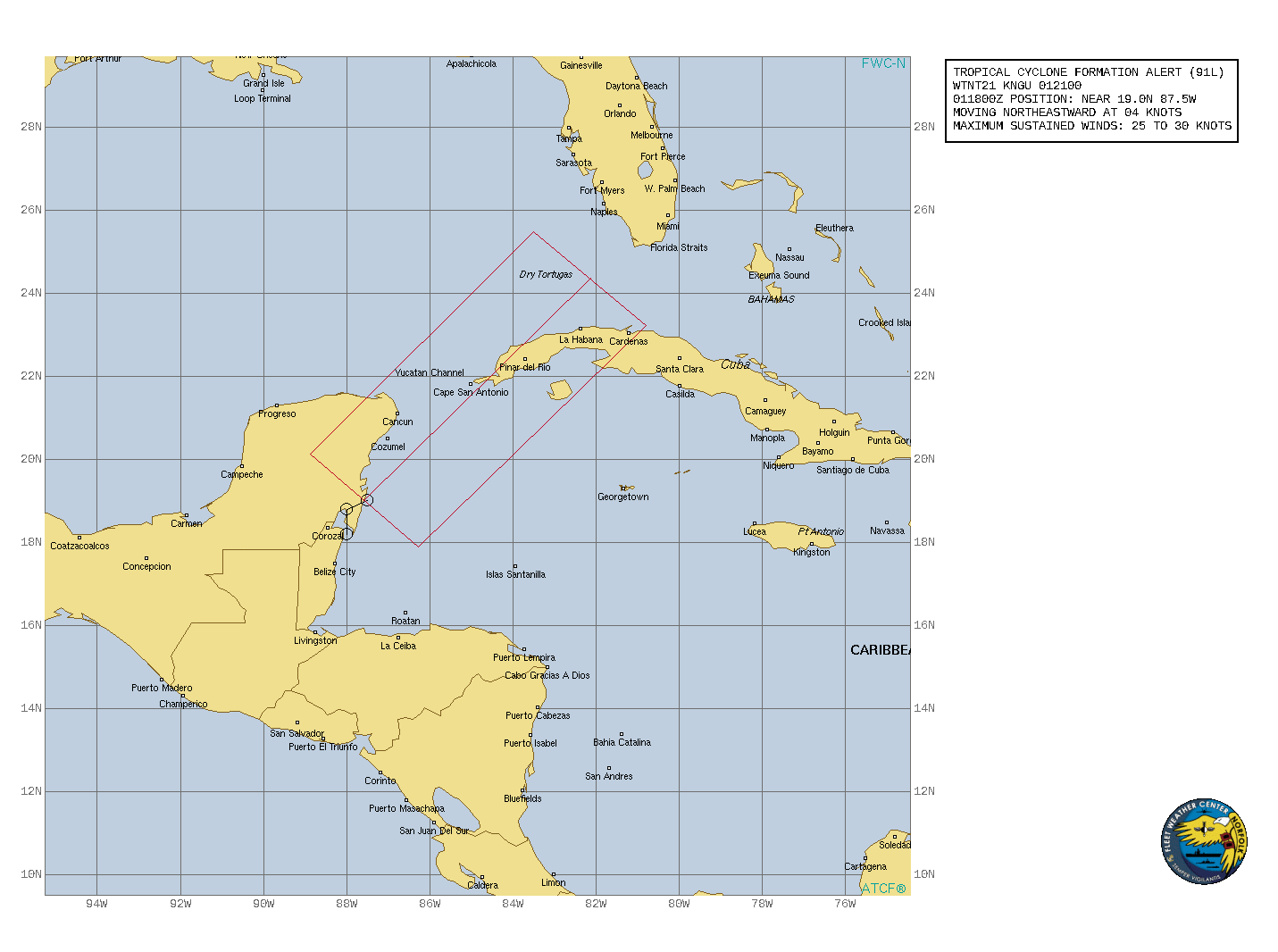 WTNT21 KNGU 012100 SUBJ/TROPICAL CYCLONE FORMATION ALERT (91L)// RMKS/ 1. FORMATION OF A TROPICAL CYCLONE IS POSSIBLE WITHIN 185 KM  EITHER SIDE OF A LINE FROM 19.0N 87.6W TO 24.4N 82.1W WITHIN THE NEXT 24 HOURS. AVAILABLE DATA DOES NOT JUSTIFY ISSUANCE OF NUMBERED TROPICAL CYCLONE WARNINGS AT THIS TIME. WINDS IN THE AREA ARE ESTIMATED TO BE 25 TO 30 KNOTS. METSAT IMAGERY AT 011800Z INDICATES THAT A CIRCULATION CENTER IS LOCATED NEAR 19.0N 87.5W. THE SYSTEM IS MOVING NORTHEASTWARD AT 07 KM/H. 2. THE POTENTIAL FOR THE DEVELOPMENT OF A SIGNIFICANT TROPICAL  CYCLONE WITHIN THE NEXT 24 HOURS IS HIGH. AN ELONGATED (WEST TO  EAST) AREA OF LOW PRESSURE, LOCATED NEAR THE EAST COAST OF THE  YUCATAN PENINSULA, IS PRODUCING A LARGE AREA OF DISORGANIZED  SHOWERS AND THUNDERSTORMS OVER THE NORTHWESTERN CARRIBBEAN SEA AND  THE YUCATAN CHANNEL. SUSTAINED EASTERLY WINDS OF 25-30 KTS RESIDE IN THE NORTHEASTERN PERIPHERY OF THE BROAD SURFACE CIRCULATION. ALTHOUGH STRONG UPPER-LEVEL WINDS ARE FORECAST TO INHIBIT SIGNIFICANT DEVELOPMENT, A TROPICAL DEPRESSION IS LIKELY TO FORM DURING THE NEXT 24 HOURS WHILE IT MOVES NORTHEASTWARD OVER THE YUCATAN CHANNEL AND INTO THE SOUTHEASTERN GULF OF MEXICO. 3.THIS ALERT WILL BE REISSUED, UPGRADED TO WARNING OR CANCELLED BY  022100Z.//
