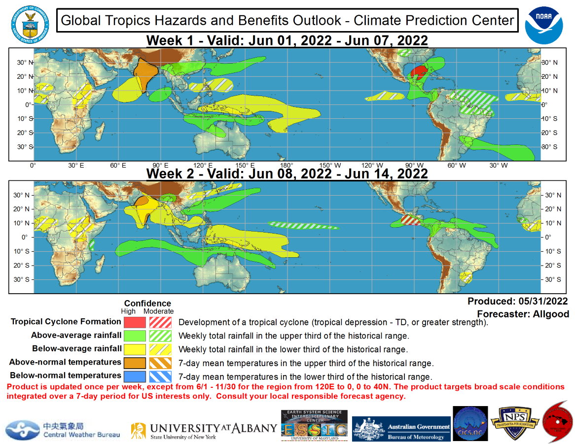 Global Tropics Hazards and Benefits Outlook Discussion Last Updated: 05.31.22 	Valid: 06.01.22 - 06.14.22 The CPC upper-level velocity potential based Madden-Julian Oscillation (MJO) index and the RMM-based MJO index have both exhibited high amplitude and eastward propagation over the past several days, suggestive of an enhanced intraseasonal convective envelope over the West Pacific. Time-longitude analyses of various atmospheric variables reveal a coherent series of strong Kelvin waves that have been circumnavigating the globe during most of May. Recently, a strong convectively coupled Kelvin wave that crossed the Pacific during mid-May, and helped spark the development of Hurricane Agatha over the East Pacific, crossed the Western Hemisphere and has now returned to the West Pacific. Constructive interference among this feature, weak Rossby wave activity, and the low frequency La Nina response has resulted in a broad region of enhanced divergence aloft, with a Wave-1 pattern globally that aliases well with MJO events. More recently, the Kelvin wave has begun to separate from the standing enhanced signal over the Maritime Continent as it traverses the Pacific. Dynamical model MJO index forecasts depict a fairly fast progression across the Pacific, with enhanced convection returning to the East Pacific and Western Hemisphere, where both the GEFS and ECMWF suggest a slowdown of the signal. This slowdown may be due to Kelvin wave activity promoting an enhancement of the Central American Gyre (CAG), as well as model forecasted tropical cyclone activity over both the western Atlantic and eastern Pacific basins. Other climate signals are impacting the overall pattern as well, including a well-defined Meiyu Front extending from eastern Asia into the northwestern Pacific, and a delayed monsoon onset over South Asia promoting dryness and excessive heat.  One tropical cyclone (TC) formed during the past week. Hurricane Agatha formed on 28 May over the East Pacific, and strengthened to Category-2 intensity on the Saffir-Simpson scale before making landfall near Puerto Angel in southern Mexico. Hurricane Agatha was the earliest Category-2 TC to strike Mexico's Pacific coast. Looking ahead, there is a moderate to high potential for tropical cyclogenesis over the Gulf of Mexico or far western Caribbean in association with the CAG and the remnants of Hurricane Agatha. The National Hurricane Center (NHC) currently has a 70-percent chance of tropical depression formation over the next 5 days. Dynamical model forecasts show a general northeastward track of any system that develops in this region, which could bring tropical cyclone related impacts to Florida or other parts of the U.S. Southeast. During Week-2, additional KW activity and the enhanced CAG may promote new TC development over the East Pacific, with dynamical models favoring development over the far eastern part of the basin, near where Hurricane Agatha made landfall. Elsewhere, tropical cyclone development potential is fairly low, though brief cyclogenesis from Mesoscale Convective Systems (MCS) activity along the Meiyu front is possible, though any such system would be brief and rapidly move northeastward over the northwestern Pacific.  The precipitation outlook for the next two weeks is based on a consensus of dynamical model forecasts, the ongoing La Nina response, Kelvin wave activity, and ongoing CAG and Meiyu front activity. Enhanced convection over the next two weeks will be primarily off-equator across the Maritime Continent, with late season enhanced precipitation across northern Australia, and widespread heavy rainfall along the Meiyu front across parts of East Asia, the northern Philippines, and Taiwan, and suppressed rainfall to the north and south of this feature. A delayed monsoon onset across South Asia remains favored, with areas of dryness and extreme temperatures likely across portions of India. Across the CONUS, potential tropical cyclone activity may bring excessive rainfall to portions of Florida and the extreme coastal Carolinas.