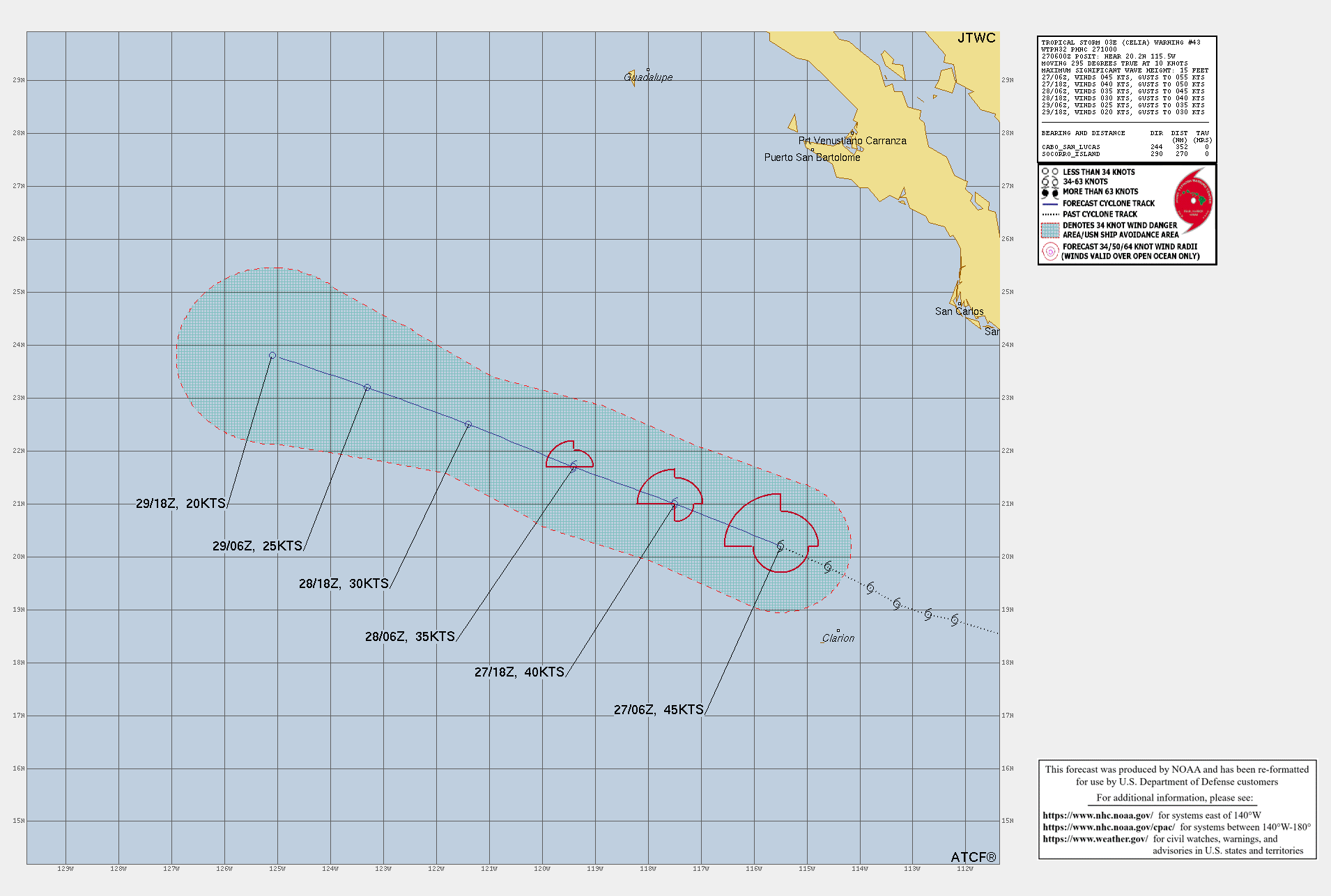387  WTPZ43 KNHC 270853 TCDEP3  Tropical Storm Celia Discussion Number  43 NWS National Hurricane Center Miami FL       EP032022 200 AM PDT Mon Jun 27 2022  Celia appears to be deteriorating based on geostationary  satellite imagery. The storm continues to have small bursts of  convection on the western and southern portion of the circulation,  however any significant convection in the northern semicircle has  disappeared.  A scatterometer pass over the inner core at 0430 UTC  showed only a small area of tropical-storm-force winds, mostly in  the northwest quadrant of the storm, with peak winds of only 35-40  kt. Therefore, the initial intensity has been lowered to 45 kt to  account for potential undersampling.  Dynamic and statistical model  guidance all forecast Celia to gradually weaken as the system moves  over cooler waters and into a dry, stable environment.  The  official forecast predicts the system will become a post-tropical  remnant low by 36 h, when it will likely be devoid of deep  convection, and dissipated within a few days.  The storm is moving west-northwest at 10 kt. A mid-level ridge  extending over the eastern North Pacific is expected to continue  steering Celia at this approximate speed and direction until the  system dissipates.  The NHC forecast is quite similar to the  previous forecast advisory and remains within the tightly  clustered model guidance.  Despite not becoming a hurricane, Celia is now tied for the 5th  longest-lasting June tropical cyclone in the eastern Pacific.    FORECAST POSITIONS AND MAX WINDS  INIT  27/0900Z 20.4N 116.0W   45 KT  50 MPH  12H  27/1800Z 21.0N 117.5W   40 KT  45 MPH  24H  28/0600Z 21.7N 119.4W   35 KT  40 MPH  36H  28/1800Z 22.5N 121.4W   30 KT  35 MPH...POST-TROP/REMNT LOW  48H  29/0600Z 23.2N 123.3W   25 KT  30 MPH...POST-TROP/REMNT LOW  60H  29/1800Z 23.8N 125.1W   20 KT  25 MPH...POST-TROP/REMNT LOW  72H  30/0600Z...DISSIPATED  $$ Forecaster Bucci/Blake