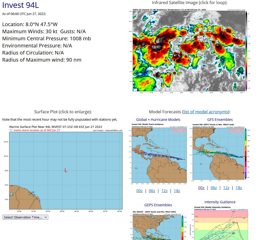 ZCZC MIATWOAT ALL TTAA00 KNHC DDHHMM  Tropical Weather Outlook NWS National Hurricane Center Miami FL 200 AM EDT Mon Jun 27 2022  For the North Atlantic...Caribbean Sea and the Gulf of Mexico:  1. Central Tropical Atlantic: Shower and thunderstorm activity has increased in association with a  tropical wave located about 950 miles east-southeast of the southern  Windward Islands.  Environmental conditions appear conducive for  further development, and a tropical depression is likely to form  during the next couple of days before the system reaches the  Windward Islands Tuesday night or possibly while moving westward  across the southern Caribbean Sea Wednesday through Friday. A NOAA  Hurricane Hunter aircraft is scheduled to investigate the system  this afternoon.  Interests in the Windward Islands and along the  northeastern coast of Venezuela should monitor the progress of this  system, and tropical storm watches or warnings could be required for  portions of these areas later today.  Regardless of development,  locally heavy rainfall is possible over the Windward Islands and the  northeastern coast of Venezuela Tuesday night and Wednesday. * Formation chance through 48 hours...high...70 percent. * Formation chance through 5 days...high...90 percent.