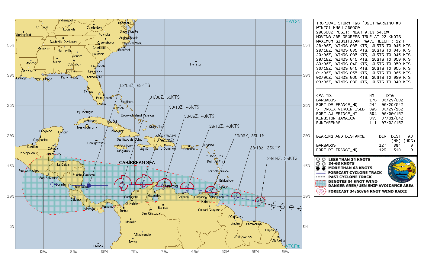 798  WTNT42 KNHC 280838 TCDAT2  Potential Tropical Cyclone Two Discussion Number   3 NWS National Hurricane Center Miami FL       AL022022 500 AM AST Tue Jun 28 2022  Overnight satellite imagery indicates that the disturbance  continues to struggle.  While there is a ball of convection near  the best surface center, GOES 1-min data shows no signs of a  well-defined center, and the mid-level circulation seems displaced  a degree or more west of the low-level wave axis.  Maximum winds  are held at 35 kt for this advisory, pending Air Force Hurricane  Hunter data later this morning.     The system appears to have sped up, with a rough motion estimate of  280/20 kt.  A strong ridge to the north should keep the disturbance  moving generally westward or west-northwestward at a quick pace  through the forecast period.  It is a close call on whether or not  the system can stay far enough offshore of South America to become a  tropical cyclone and potentially strengthen, or if it moves inland  over South America and eventually forms later in the southwestern  Caribbean Sea.  The new NHC forecast brushes most of the coast of  Venezuela, and consequently shows little change in strength for a  couple of days as a low-end tropical storm.  After that time, low  shear and warm waters could support the system becoming a hurricane  over the southwestern Caribbean Sea, but that will largely depend on  what's left of the system after interacting with land.  No changes  were made to the end of the forecast with such high uncertainty.   KEY MESSAGES:  1.  Heavy rainfall is expected across the Windward Islands and northeastern Venezuela tonight through Wednesday. Localized flash  flooding will be possible.  2.  Winds to tropical-storm-force are expected over portions of the southern Windward Islands tonight.  Tropical storm conditions are  possible along the northeastern coast of Venezuela tonight and  Wednesday, and on Bonaire by Wednesday evening.  3.  There is higher-than-normal uncertainty on the system's forecast intensity once it reaches the southwestern Caribbean Sea late Thursday and Friday, which will depend on how much it interacts with land from tonight through Thursday.   FORECAST POSITIONS AND MAX WINDS  INIT  28/0900Z  9.3N  55.2W   35 KT  40 MPH...POTENTIAL TROP CYCLONE  12H  28/1800Z  9.9N  58.2W   35 KT  40 MPH...POTENTIAL TROP CYCLONE  24H  29/0600Z 10.7N  62.3W   35 KT  40 MPH...TROPICAL CYCLONE  36H  29/1800Z 11.3N  66.3W   40 KT  45 MPH  48H  30/0600Z 11.7N  70.2W   40 KT  45 MPH  60H  30/1800Z 12.0N  73.7W   45 KT  50 MPH  72H  01/0600Z 11.9N  77.1W   55 KT  65 MPH  96H  02/0600Z 11.8N  82.5W   65 KT  75 MPH 120H  03/0600Z 12.0N  88.5W   30 KT  35 MPH...POST-TROP/REMNT LOW  $$ Forecaster Blake