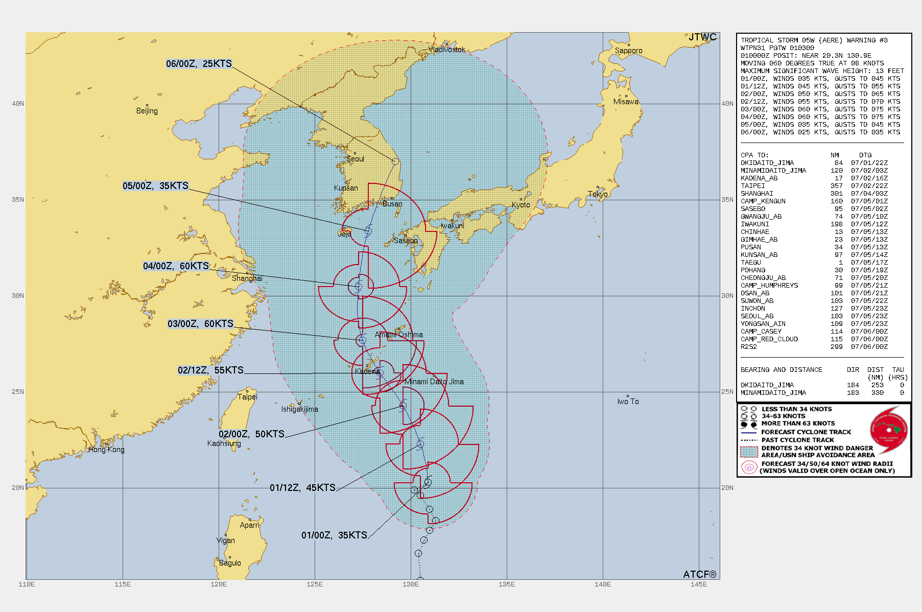 FORECAST REASONING.  SIGNIFICANT FORECAST CHANGES: FORECAST TRACK BEYOND TAU 72 IS NOW PLACED MORE NORTHWARD THAN PREVIOUSLY FORECAST. MAX INTENSITY HAS INCREASED TO 60 KNOTS AT TAU 48.  FORECAST DISCUSSION: TS AERE IS FORECAST TO TRACK NORTH-NORTHWEST AND INCREASE IN INTENSITY DUE TO STAYING IN A FAVORABLE ENVIRONMENT  THROUGH TAU 72. BY TAU 24, THE SYSTEM WILL GRADUALLY INCREASE IN  INTENSITY TO 50 KNOTS AS IT TRACKS NORTH-NORTHWARD. BY TAU 36, TS  AERE WILL BE PUSHED MORE NORTHWESTWARD DUE TO THE BUILDING RIDGE FROM  THE NORTHEAST. AT THE SAME TIME, TS AERE WILL INCREASE IN INTENSITY  TO 55 KTS BEFORE PASSING OVER OKINAWA. BY TAU 48, THE SYSTEM WILL  BEGIN TO ROUND THE RIDGE AXIS AND TRACK NORTHWARD. INTENSITY WILL  CONTINUE TO INCREASE AND REACH THE MAX OF 60 KNOTS AT THIS TIME. BY  TAU 72, TS AERE WILL MAINTAIN THIS INTENSITY, BUT BEGIN TO FEEL  THE STRAIN OF AN UPPER LEVEL LOW AND THE COOLER WATERS (25-26C). AT  THIS TIME, THE SYSTEM WILL FALL UNDER THE INFLUENCE OF AN APPROACHING  MID-LEVEL TROUGH AND DRIVE IT NORTH-NORTHEASTWARD HEADING TOWARDS THE  KOREAN PENINSULA. AT TAU 120, LAND INTERACTION WILL CONTRIBUTE TO  DISSIPATION OF TS AERE.