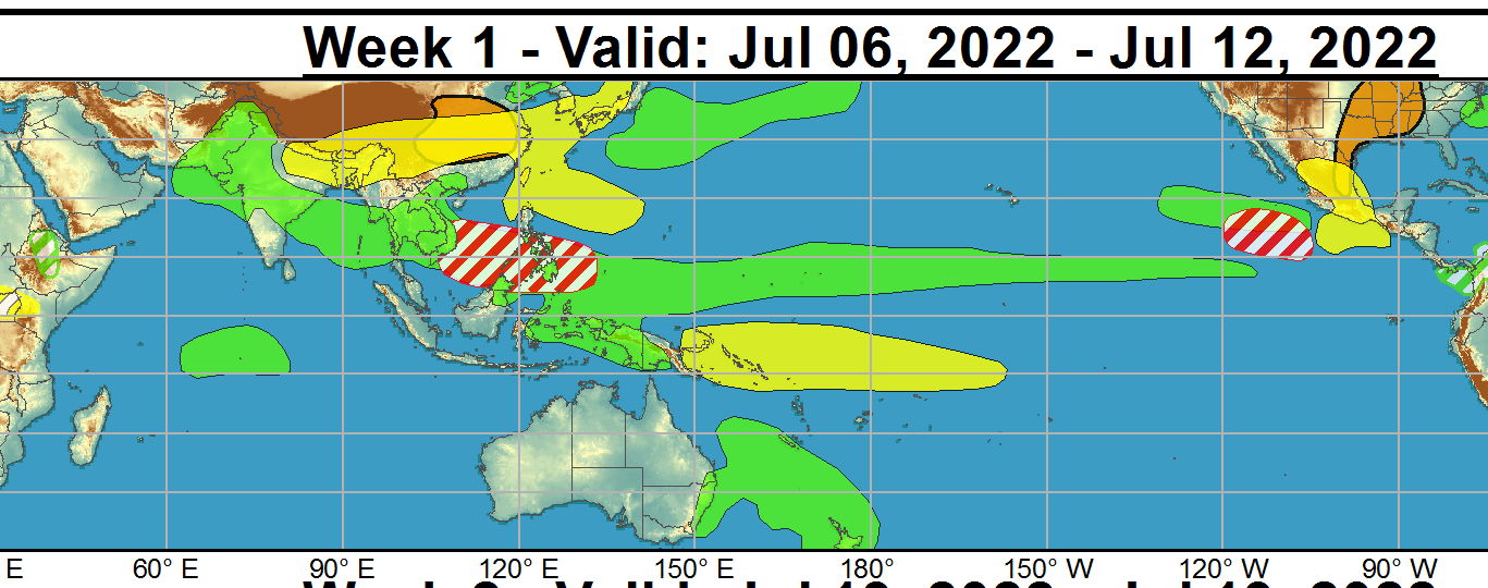 During the past week, four tropical cyclones formed globally. Typhoon Chaba developed over the South China Sea and made landfall over southern China.Tropical Storm Aere formed northeast of the Philippines and brought flooding rains to parts of Japan. Hurricane Bonnie formed over the southwestern Caribbean and crossed westward over Central America, emerging over the East Pacific and strengthening to hurricane intensity. Hurricane Bonnie is expected to remain well south of Mexico as it moves generally westward towards cooler waters. Tropical Storm Colin formed briefly near the coast of South Carolina, bringing spotty convection and some gusty winds to the South Atlantic coast. During Week-1, no additional tropical cyclones are favored to develop across the Atlantic basin. Across the West Pacific, an enhanced monsoon trough may provide a favorable environment for tropical cyclogenesis, with the best chances for formations at a fairly low latitude east of the Philippines or across the South China Sea. This region may remain active into Week-2. Dynamical models indicate a potential for tropical cyclone development further east in the vicinity of Guam during Week-2 as well. Across the East Pacific, conditions may become increasingly favorable for TC formation across the East Pacific during late Week-1 into Week-2, with dynamical models indicating one or more potential TCs forming south of Mexico. NOAA