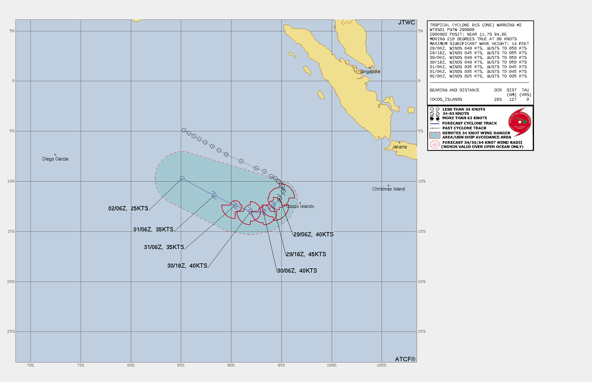 FORECAST REASONING.  SIGNIFICANT FORECAST CHANGES: THERE ARE NO SIGNIFICANT CHANGES TO THE FORECAST FROM THE PREVIOUS WARNING.  FORECAST DISCUSSION: TC 01S IS IN THE PROCESS OF EXECUTING A SOUTHWESTWARD TURN UNDER THE STEERING INFLUENCE OF A STR TO ITS EAST. THE SYSTEM IS FORECAST TO TRACK GENERALLY SOUTHWESTWARD OVER THE NEXT 24 HOURS IN WHICH TIME THE SYSTEM MAY REACH ITS PROJECTED PEAK INTENSITY OF 45 KNOTS. AFTER TAU 24, THE SYSTEMS UPPER LEVEL OUTFLOW WILL BEGIN TO DECLINE, RESULTING IN STAGNATING INTENSITIES AS VERTICAL WIND SHEAR (VWS) BEGINS TO COUNTERACT OUTFLOW. BETWEEN TAU 36 AND TAU 48 VWS INCREASES AND DRY AIR ENTRAINMENT BEGINS TO ADD TO THE SYSTEMS DECLINING ENVIRONMENT. AFTER TAU 48 AS THE SYSTEMS CONTINUES WEAKENING ITS STEERING MECHANISM WILL TRANSLATE TO THE LOWER LEVEL WIND FIELD ASSOCIATED WITH A MID-LEVEL ANTI-CYCLONE POLEWARD OF THE SYSTEM. EVENTUALLY STEADING UP ON A GENERALLY WEST-NORTHWESTWARD COURSE THE SYSTEM WILL BEGIN TO MOVE INTO AN ENVIRONMENT WHICH WILL BE MUCH LESS CONDUCIVE FOR FURTHER DEVELOPMENT AS VERTICAL WIND SHEAR INCREASES ALONG WITH A SUBSTANTIAL IN FLUX OF DRY AIR, UNTIL EVENTUAL DISSIPATION NEAR TAU 96.