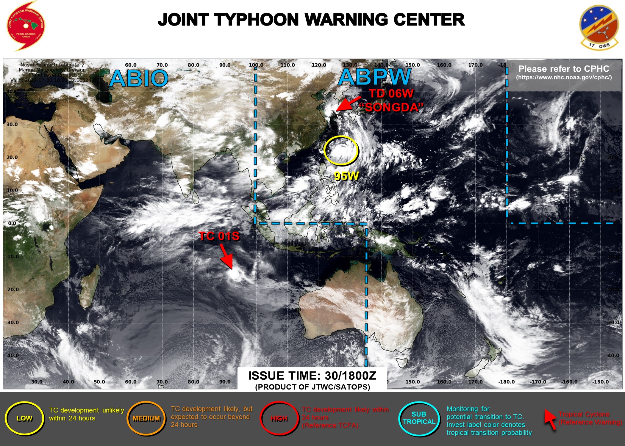 JTWC IS ISSUING 6HOURLY WARNINGS ON 06W(SONGDA) AND 12HOURLY WARNINGS ON 01S. 3HOURLY SATELLITE BULLETINS ARE ISSUED ON BOTH SYSTEMS.