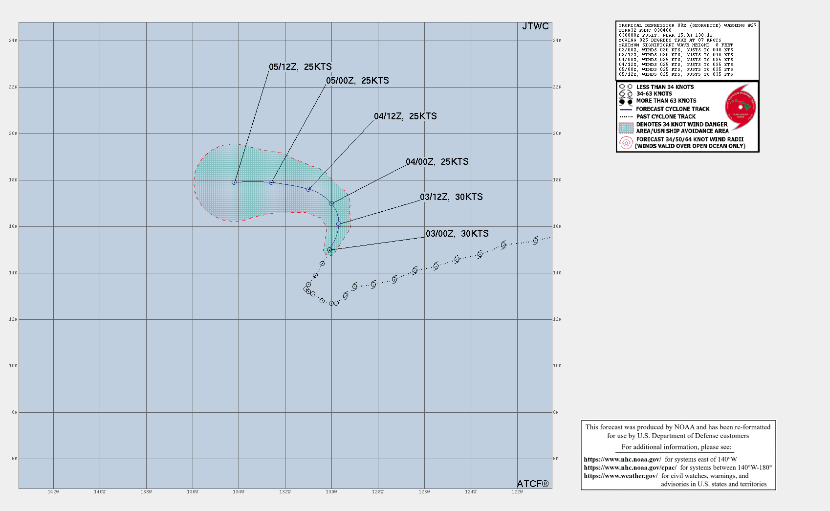 WTPZ43 KNHC 030234 TCDEP3  Tropical Depression Georgette Discussion Number  27 NWS National Hurricane Center Miami FL       EP082022 800 PM PDT Tue Aug 02 2022  Georgette continues to hang on to tropical cyclone status.  Small  bursts of convection persist to the southwest of the partially  exposed low-level center.  Since the convective organization has not  changed, the initial intensity remains at 30 kts, slightly below the  subjective and objective satellite intensity estimates.  Moderate  northeasterly to northerly shear is expected over the next few days.  This vertical wind shear combined with the drier surrounding  environment and gradually cooling sea surface temperatures are  likely to cause Georgette to become a remnant low in a day or two.   There were no updates to the intensity forecast this cycle.  The system is moving north-northeastward at about 6 kt into the  weakness in the subtropical ridge caused by Post-Tropical Cyclone  Frank.  Within about a day, the low-level ridge should begin  building back and turn Georgette westward as well as increase its  forward speed.  The NHC track forecast is very similar to the  previous track prediction and close to the various consensus model  aids.   FORECAST POSITIONS AND MAX WINDS  INIT  03/0300Z 15.3N 130.0W   30 KT  35 MPH  12H  03/1200Z 16.1N 129.7W   30 KT  35 MPH  24H  04/0000Z 17.0N 130.0W   25 KT  30 MPH  36H  04/1200Z 17.6N 131.0W   25 KT  30 MPH...POST-TROP/REMNT LOW  48H  05/0000Z 17.9N 132.6W   25 KT  30 MPH...POST-TROP/REMNT LOW  60H  05/1200Z 17.9N 134.2W   25 KT  30 MPH...POST-TROP/REMNT LOW  72H  06/0000Z...DISSIPATED  $$ Forecaster Bucci/Berg