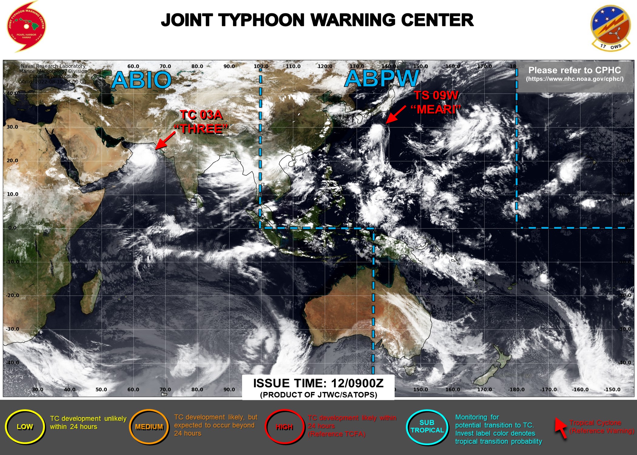 JTWC IS ISSUING 6HOURLY WARNINGS ON TS 09W AND TC 03A. 3HOURLY SATELLITE BULLETINS ARE ISSUED ON BOTH SYSTEMS AND ON INVEST 90C.