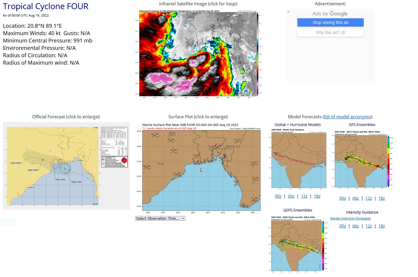 SATELLITE ANALYSIS, INITIAL POSITION AND INTENSITY DISCUSSION: ANIMATED ENHANCED INFRARED (EIR) SATELLITE IMAGERY DEPICTS A MASS OF BUILDING CONVECTION OVER THE SOUTHERN PERIPHERY OF AN ASSESSED LOW LEVEL CIRCULATION (LLC) TRACKING WEST-NORTHWEST OVER THE NORTHERN BAY OF BENGAL. AN 182313Z 91 GHZ SSMIS PASS SHOWS FRAGMENTED BANDING IN THE WESTERN AND SOUTHERN QUADRANTS WRAPPING INTO THE CENTER OF THE LLC. THIS PASS ALSO INDICATES A MAJORITY OF THE CONVECTIVE ACTIVITY TO BE IN THE SOUTHERN PERIPHERY AS WELL AS IN  THE OUTER BAND THAT STRETCHES NORTHWEST TO NORTHEAST OF KOLKATA,  INDIA. ENVIRONMENTAL ANALYSIS INDICATES TC 04B IS IN A MARGINALLY FAVORABLE AREA FOR FURTHER DEVELOPMENT WITH SPLIT WESTWARD AND EQUATORWARD UPPER LEVEL OUTFLOW, A HIGH MAGNITUDE 850 MB SIGNATURE, AND WARM (29-30 C) SEA SURFACE TEMPERATURES, OFFSET BY MODERATE (15-20 KTS) VERTICAL WIND SHEAR (VWS). THE INITIAL POSITION IS PLACED WITH MEDIUM CONFIDENCE BASED ON MULTIPLE AGENCY FIXES, PARTIAL RADAR IMAGERY FROM KOLKATA AND THE AFOREMENTIONED EIR DATA. THE INITIAL INTENSITY OF 40 KTS IS ASSESSED WITH MEDIUM CONFIDENCE SET LOWER THAN THE PGTW DVORAK ESTIMATE AND HIGHER THAN AUTOMATED AND OTHER AGENCY DVORAKS.