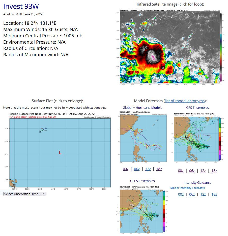 THE AREA OF CONVECTION (INVEST 93W) PREVIOUSLY LOCATED NEAR  17.6N 131.4E IS NOW LOCATED NEAR 17.9N 130.9E, APPROXIMATELY 538 NM  SOUTH-SOUTHEAST OF KADENA AB JAPAN. ANIMATED MULTISPECTRAL SATELLITE  IMAGERY (MSI) DEPICTS A PARTIALLY EXPOSED LOW LEVEL CIRCULATION CENTER  (LLCC) WITH SCATTERED POCKETS OF CONVECTIVE BANDING PRIMARILY ON THE  SOUTHERN SIDE OF 93W.ENVIRONMENTAL ANALYSIS REVEALS MARGINALLY  FAVORABLE CONDITIONS FOR DEVELOPMENT DEFINED BY WEAK RADIAL OUTFLOW  ALOFT, MODERATE (15-20KT) VERTICAL WIND SHEAR (VWS) AND 30C SEA  SURFACE TEMPERATURE VALUES. GLOBAL MODELS AGREE ON A WEST- NORTHWESTWARD TRACK TOWARD TAIWAN BUT HAVE DISPARITY IN THE  INTENSIFICATION OF 93W WITH ECMWF BEING THE SURPRISE AGGRESSOR HERE  AND GFS BEING MORE LAID BACK. ENSEMBLES HOWEVER HAVE HIGH MEMBER  GROUPING AND SHOW 93W GETTING TO THAT OF STORM STRENGTH BY TAU 96.  MAXIMUM SUSTAINED SURFACE WINDS ARE ESTIMATED AT 12 TO 18 KNOTS.  MINIMUM SEA LEVEL PRESSURE IS ESTIMATED TO BE NEAR 1007 MB. THE  POTENTIAL FOR THE DEVELOPMENT OF A SIGNIFICANT TROPICAL CYCLONE WITHIN  THE NEXT 24 HOURS REMAINS LOW.