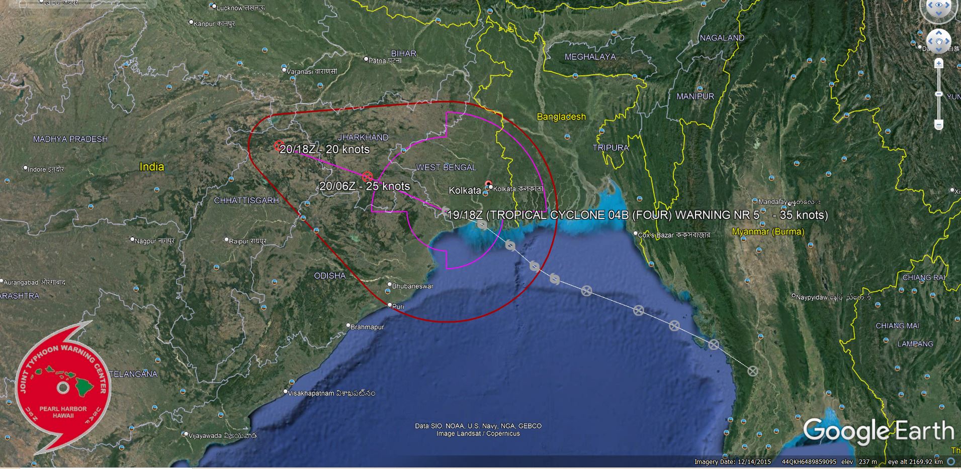 REMARKS: 192100Z POSITION NEAR 22.2N 86.8E. 19AUG22. TROPICAL CYCLONE 04B (FOUR), LOCATED APPROXIMATELY 71 NM WEST-SOUTHWEST OF KOLKATA, INDIA, HAS TRACKED WEST-NORTHWESTWARD AT 09 KNOTS OVER THE PAST SIX HOURS. ANIMATED ENHANCED INFRARED SATELLITE IMAGERY AND SURFACE OBSERVATION FROM THE COASTAL REGION OF KOLKATA INDICATE THE SYSTEM HAS MADE LANDFALL OVER THE PAST  FEW HOURS. AS THE SYSTEM CONTINUES TO TRACK WEST-NORTHWESTWARD  OVER EASTERN INDIA, THE SYSTEM IS FORECAST TO QUICKLY DEGRADE  BEFORE EVENTUALLY DISSIPATING BETWEEN TAUS 12 AND 24. THIS IS THE FINAL WARNING ON THIS SYSTEM BY THE JOINT TYPHOON WRNCEN PEARL  HARBOR HI.