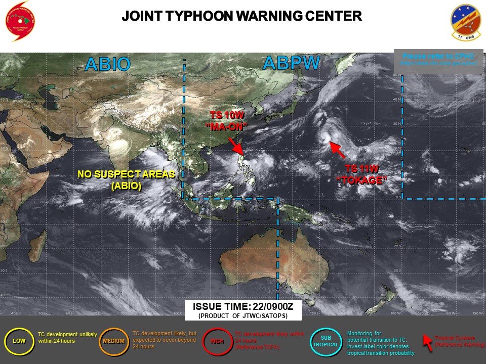 JTWC IS ISSUING 6HOURLY WARNINGS ON 10W AND 11W. 3HOURLY SATELLITE BULLETINS ARE ISSUED ON BOTH SYSTEMS.