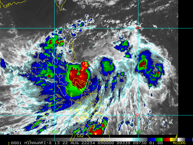 SATELLITE ANALYSIS, INITIAL POSITION AND INTENSITY DISCUSSION: ANIMATED MULTISPECTRAL SATELLITE IMAGERY (MSI) DEPICTS AN EXPOSED LOW LEVEL CIRCULATION CENTER (LLCC) DISPLACED TO THE NORTH OF DEEP FLARING CONVECTION, JUST EAST OF NORTHERN LUZON. THE SHARP NORTHEASTERN EDGE OF CONVECTION IS INDICATIVE OF THE RELATIVELY HIGH NORTHEASTERLY VWS CURRENTLY AFFECTING THE SYSTEM. A WELL-TIMED 220147Z ASCAT-B BULLSEYE PASS SHOWED 35 KNOTS IN ALL QUADRANTS EXCEPT NORTHWEST, AND A BAND OF 40 KNOT WINDS EXTENDING FROM SOUTH TO EAST OF THE LLCC. HENCE, EVEN IN THE FACE OF THE PERSISTENT SHEAR, THE SYSTEM IS MANAGING TO INTENSIFY. THE INITIAL POSITION IS ASSESSED WITH HIGH CONFIDENCE BASED ON THE EXPOSED LLCC, WHILE THE INITIAL INTENSITY IS ASSESSED WITH HIGH CONFIDENCE, HEDGED ABOVE THE AVAILABLE AGENCY AND OBJECTIVE FIXES, BASED ON THE SCATTEROMETER DATA. THE SYSTEM HAS PROGRESSED FURTHER SOUTH THAN ANTICIPATED BUT IS SHOWING SIGNS OF FLATTENING OUT AND MOVING MORE WEST OVER THE PAST SIX HOURS, ALONG THE SOUTHERN SIDE OF A STR TO THE NORTH. THE ENVIRONMENT IS MARGINALLY FAVORABLE WITH STRONG EQUATORWARD OUTFLOW AND VERY WARM SSTS BEING OFFSET BY THE STRONG SHEAR.