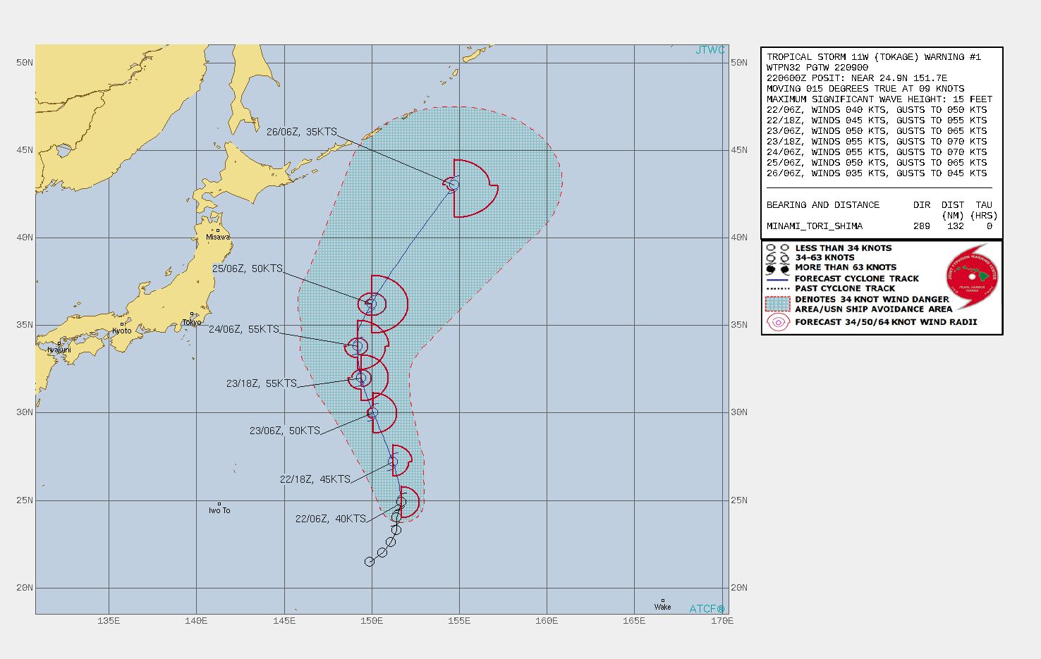 FORECAST REASONING.   SIGNIFICANT FORECAST CHANGES. THIS IS THE FIRST WARNING AND ESTABLISHES THE FORECAST REASONING.   FORECAST DISCUSSION: TS 11W IS CURRENTLY MOVING RELATIVELY SLOWLY ALONG THE SOUTHWESTERN SIDE OF A DEEP STR TO THE NORTHEAST. OVER THE NEXT 12 HOURS THE RIDGE IS ANTICIPATED TO BUILD TOWARDS THE WEST-SOUTHWEST AND TS 11W IS FORECAST TO TURN THE RUDDER OVER TO THE NORTHWEST. THE GENERALLY NORTHWEST TRACK IS EXPECTED TO CONTINUE THROUGH ABOUT TAU 36, BEFORE THE SYSTEM WILL ROUND THE RIDGE AXIS AND ACCELERATE NORTHEASTWARD AHEAD OF AN APPROACHING MID-LATITUDE TROUGH THROUGH THE REMAINDER OF THE FORECAST PERIOD. BY TAU 72, THE SYSTEM WILL BEGIN TO INTERACT WITH THE BAROCLINIC ZONE, BECOME IN-PHASE WITH A MINOR SHORTWAVE TROUGH EAST OF JAPAN AND CROSS OVER COLDER WATERS, MARKING THE ONSET OF EXTRATROPICAL TRANSITION (ETT), WHICH IS EXPECTED TO BE COMPLETE NO LATER THAN TAU 96. IN TERMS OF INTENSIFICATION, THE ENVIRONMENT WILL SUPPORT STEADY INTENSIFICATION FOR THE NEXT 48 HOURS, THOUGH THE UPPER-LEVEL OUTFLOW IS EXPECTED TO WEAKEN A BIT AFTER TAU 24, AND SHOULD BUT THE BRAKES ON ANY RAPID INTENSIFICATION, WITH ALL OTHER PARAMETERS BEING GENERALLY FAVORABLE. AS THE SYSTEM ROUNDS THE RIDGE AXIS IT WILL START TO BE IMPACTED BY SOME NORTHERLY, CONVERGENT FLOW AT THE 200MB LEVEL, WHICH COMBINED WITH INCREASING SHEAR AND DECREASING SSTS, WILL LEAD TO GENERALIZED WEAKENING FROM THERE TO THE END OF THE FORECAST.