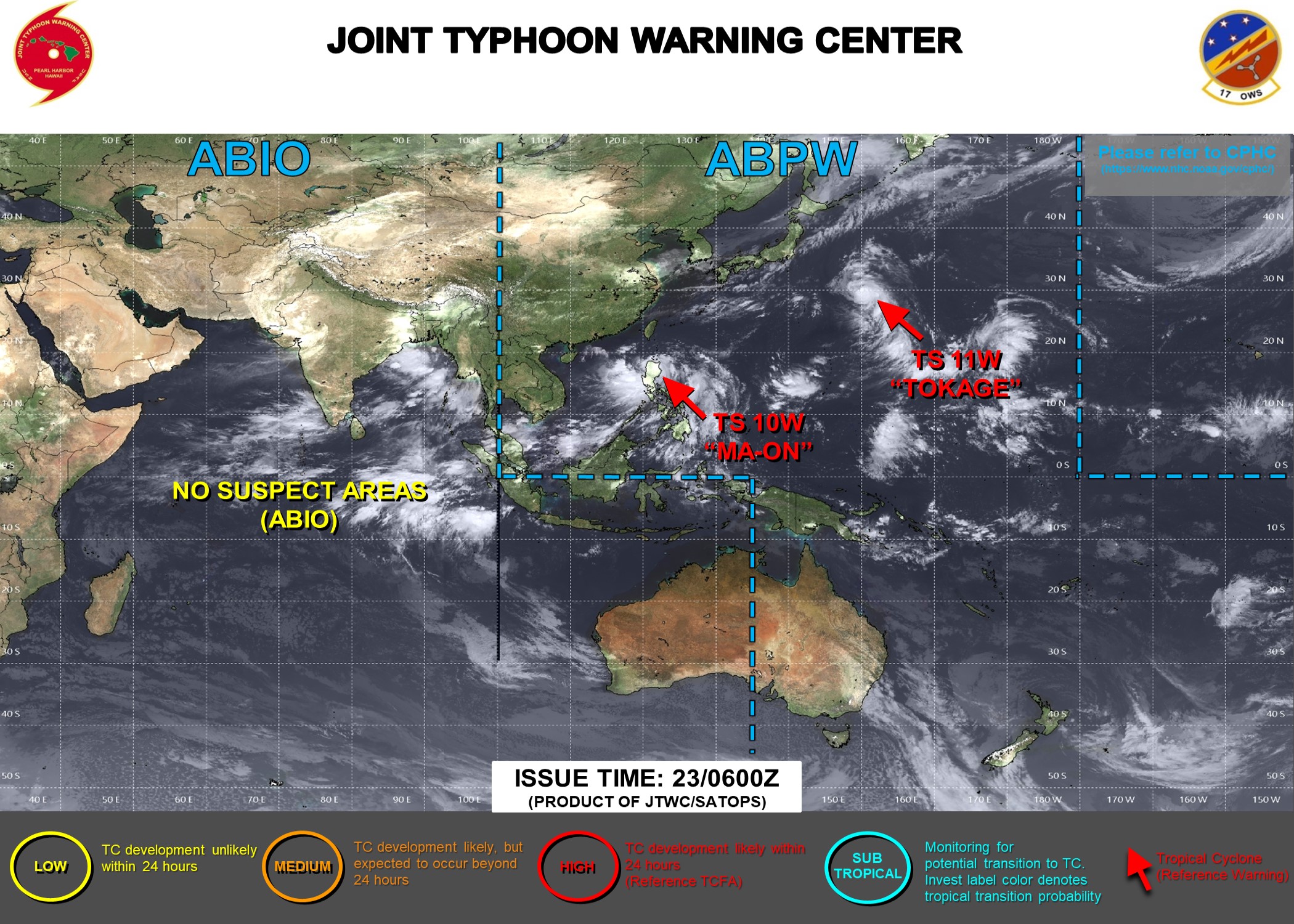 JTWC IS ISSUING 6HOURLY WARNINGS ON 10W AND 11W. 3HOURLY SATELLITE BULLETINS ARE ISSUED ON BOTH SYSTEMS.