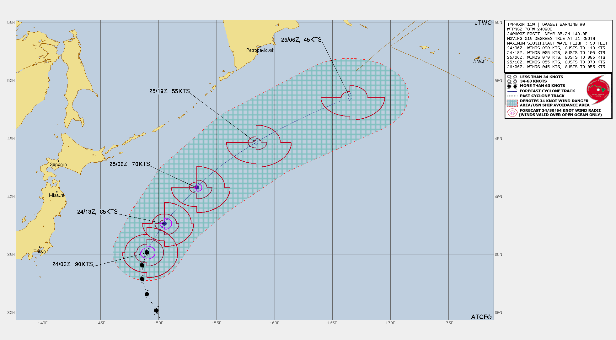 FORECAST REASONING.  SIGNIFICANT FORECAST CHANGES: THERE ARE NO SIGNIFICANT CHANGES TO THE FORECAST FROM THE PREVIOUS WARNING.  FORECAST DISCUSSION: TY 11W IS FORECAST TO RECURVE AND ACCELERATE NORTH-NORTHEASTWARD TO NORTHEASTWARD AS IT ROUNDS THE STR AXIS OVER THE NEXT 12 TO 36 HOURS. TY 11W SHOULD BEGIN TO WEAKEN RAPIDLY AS IT  BEGINS TO ENCOUNTER THE MIDLATITUDE WESTERLIES AND INCREASING (25  KNOTS) VERTICAL WIND SHEAR (VWS), AND COMMENCES EXTRA-TROPICAL  TRANSITION (ETT). AFTER TAU 36, THE SYSTEM WILL COMPLETE ETT AS IT  BECOMES EMBEDDED WITHIN THE MIDLATITUDE WESTERLIES AND GAINS FRONTAL  CHARACTERISTICS.