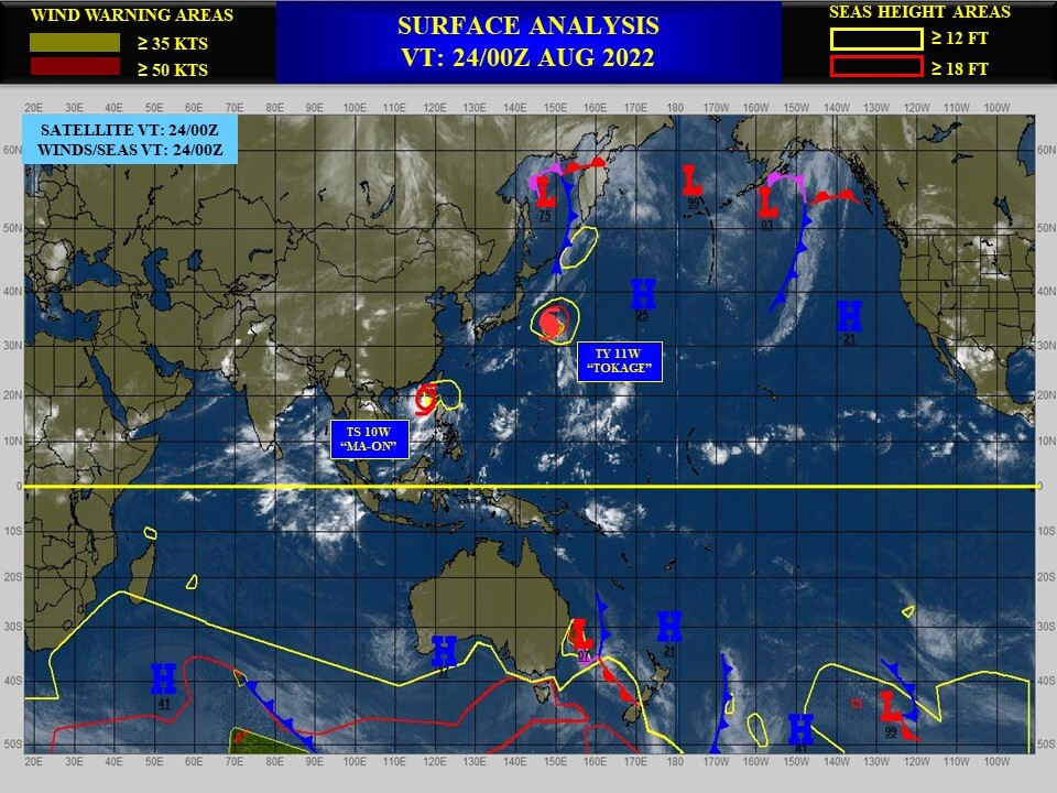 TY 11W(TOKAGE) peaked as a CAT 3 US//TS 10W(MA-ON): forecast landfall SW of Hong Kong by 24h// Invests 98W & 91E, 24/09utc