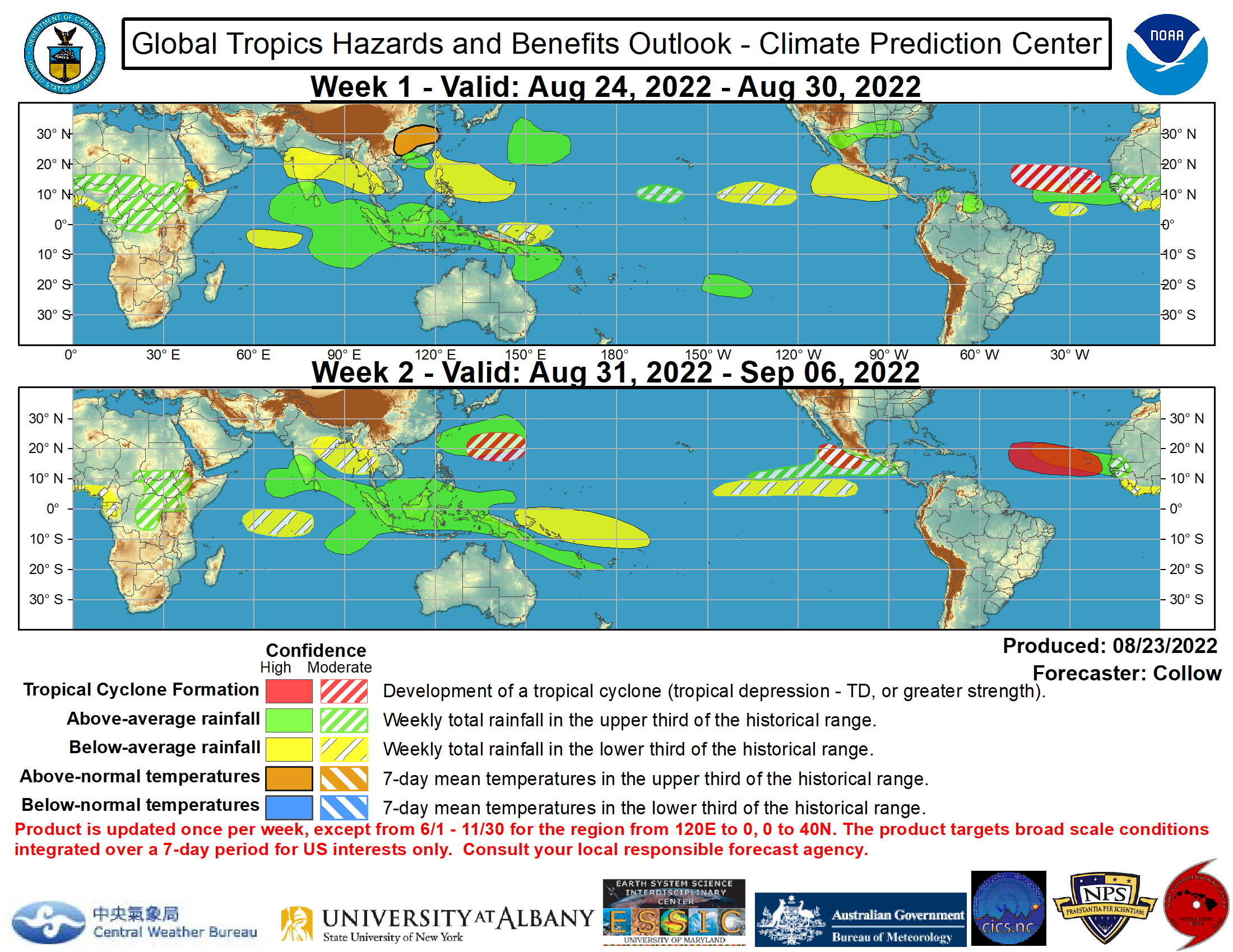 Global Tropics Hazards and Benefits Outlook Discussion Last Updated: 08.23.22 	Valid: 08.24.22 - 09.06.22 The Madden Julian Oscillation (MJO) has remained weak for much of August, with the low frequency La Nina base state being the dominant signal across the tropics. Increased Convectively-Coupled Kelvin Wave (KW) activity has led to an increase in convection across Africa, with easterly waves beginning to emerge into the Atlantic. This area of enhanced convection is forecast to consolidate across Africa and the Indian Ocean, along with a slowing of the phase speed, becoming more consistent with a renewed MJO event. Both the ECMWF and GEFS ensembles indicate an enhanced MJO signal shifting from the Indian Ocean toward the Maritime Continent during the next 2 weeks. The eastward extent of the propagation as well as the amplitude are uncertain given the background La Nina state, with the GEFS more robust compared to the ECMWF and JMA ensembles.  A tropical cyclone (TC) developed over the Bay of Bengal (04B) on 8/19 and impacted eastern India. Two TCs also formed over the West Pacific this past week. Tropical Storm Ma-on developed on 8/20 over the Philippine Sea, made landfall over the northern Philippines, and is forecast to track west-northwestward, impacting southeastern China at typhoon strength later this week. Typhoon Tokage developed on 8/21 to the east of Japan. It is forecast to recurve northeastward over the northwest Pacific, remaining offshore of Japan. The suppressed convective envelope across the Pacific tied to La Nina favors a reduction in TC activity across the entire Pacific during the next week. By week-2 TC activity may begin to increase across the Pacific as the MJO becomes more active across the Maritime Continent and the suppressed convection weakens across the Pacific. Therefore, moderate confidence (40 percent chance) areas for TC development are indicated over both the western and eastern Pacific basins during week-2.  The Atlantic Basin is forecast to become more active as the peak of the Atlantic Hurricane Season approaches. The National Hurricane Center (NHC) is currently monitoring two tropical disturbances over the east-central Atlantic. Development probabilities for the lead wave have decreased over the past few days, and a second wave behind the first is currently given a 20 percent chance of TC development in the next 5 days, with easterly waves forecast to continue to emerge off of Africa later in week-1 and into week-2. For this reason, a moderate confidence (40 percent chance) area of TC formation is depicted across the central and eastern portions of the Main Development Region of the Atlantic for week-1, and a high confidence area (70 percent chance) is depicted for week-2 when easterly wave activity is forecast to peak. There is also some potential for TC development beginning to emerge in the GEFS and ECMWF ensembles across the Caribbean or southern Gulf of Mexico, with NHC indicating a 20 percent chance of TC development over the eastern Caribbean in the next 5 days. This is too low to include a related moderate confidence shape in today’s outlook, but interests in these areas are encouraged to consult NHC for the latest updates on this potential.  The temperature and precipitation outlook during the next two weeks is based on a consensus of GEFS, CFS, and ECMWF model solutions, La Nina precipitation composites, and also considerations of an enhanced MJO propagating east from the Indian Ocean to the Maritime Continent. Later in week-2, the MJO may begin to constructively interfere with the ongoing La Nina, resulting in more widespread enhanced rainfall throughout the Maritime Continent. Anomalously warm temperatures are likely across eastern China during week-1, with maximum temperatures 35-40 deg C forecast before a relatively cooler pattern takes shape in week-2.NOAA Global Tropics Hazards and Benefits Outlook Discussion Last Updated: 08.23.22 	Valid: 08.24.22 - 09.06.22 The Madden Julian Oscillation (MJO) has remained weak for much of August, with the low frequency La Nina base state being the dominant signal across the tropics. Increased Convectively-Coupled Kelvin Wave (KW) activity has led to an increase in convection across Africa, with easterly waves beginning to emerge into the Atlantic. This area of enhanced convection is forecast to consolidate across Africa and the Indian Ocean, along with a slowing of the phase speed, becoming more consistent with a renewed MJO event. Both the ECMWF and GEFS ensembles indicate an enhanced MJO signal shifting from the Indian Ocean toward the Maritime Continent during the next 2 weeks. The eastward extent of the propagation as well as the amplitude are uncertain given the background La Nina state, with the GEFS more robust compared to the ECMWF and JMA ensembles.  A tropical cyclone (TC) developed over the Bay of Bengal (04B) on 8/19 and impacted eastern India. Two TCs also formed over the West Pacific this past week. Tropical Storm Ma-on developed on 8/20 over the Philippine Sea, made landfall over the northern Philippines, and is forecast to track west-northwestward, impacting southeastern China at typhoon strength later this week. Typhoon Tokage developed on 8/21 to the east of Japan. It is forecast to recurve northeastward over the northwest Pacific, remaining offshore of Japan. The suppressed convective envelope across the Pacific tied to La Nina favors a reduction in TC activity across the entire Pacific during the next week. By week-2 TC activity may begin to increase across the Pacific as the MJO becomes more active across the Maritime Continent and the suppressed convection weakens across the Pacific. Therefore, moderate confidence (40 percent chance) areas for TC development are indicated over both the western and eastern Pacific basins during week-2.  The Atlantic Basin is forecast to become more active as the peak of the Atlantic Hurricane Season approaches. The National Hurricane Center (NHC) is currently monitoring two tropical disturbances over the east-central Atlantic. Development probabilities for the lead wave have decreased over the past few days, and a second wave behind the first is currently given a 20 percent chance of TC development in the next 5 days, with easterly waves forecast to continue to emerge off of Africa later in week-1 and into week-2. For this reason, a moderate confidence (40 percent chance) area of TC formation is depicted across the central and eastern portions of the Main Development Region of the Atlantic for week-1, and a high confidence area (70 percent chance) is depicted for week-2 when easterly wave activity is forecast to peak. There is also some potential for TC development beginning to emerge in the GEFS and ECMWF ensembles across the Caribbean or southern Gulf of Mexico, with NHC indicating a 20 percent chance of TC development over the eastern Caribbean in the next 5 days. This is too low to include a related moderate confidence shape in today’s outlook, but interests in these areas are encouraged to consult NHC for the latest updates on this potential.  The temperature and precipitation outlook during the next two weeks is based on a consensus of GEFS, CFS, and ECMWF model solutions, La Nina precipitation composites, and also considerations of an enhanced MJO propagating east from the Indian Ocean to the Maritime Continent. Later in week-2, the MJO may begin to constructively interfere with the ongoing La Nina, resulting in more widespread enhanced rainfall throughout the Maritime Continent. Anomalously warm temperatures are likely across eastern China during week-1, with maximum temperatures 35-40 deg C forecast before a relatively cooler pattern takes shape in week-2.NOAA