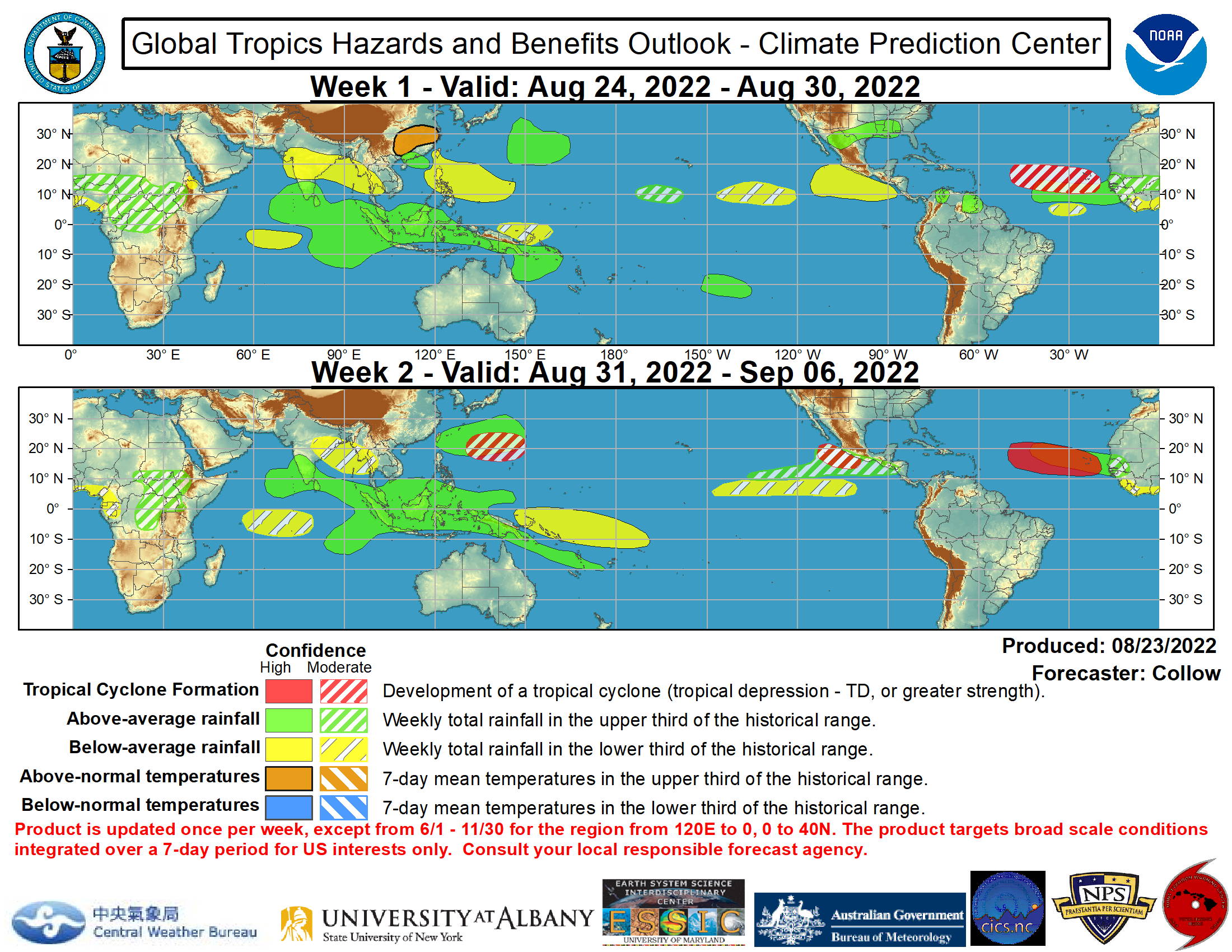 Global Tropics Hazards and Benefits Outlook Discussion Last Updated: 08.23.22 	Valid: 08.24.22 - 09.06.22 The Madden Julian Oscillation (MJO) has remained weak for much of August, with the low frequency La Nina base state being the dominant signal across the tropics. Increased Convectively-Coupled Kelvin Wave (KW) activity has led to an increase in convection across Africa, with easterly waves beginning to emerge into the Atlantic. This area of enhanced convection is forecast to consolidate across Africa and the Indian Ocean, along with a slowing of the phase speed, becoming more consistent with a renewed MJO event. Both the ECMWF and GEFS ensembles indicate an enhanced MJO signal shifting from the Indian Ocean toward the Maritime Continent during the next 2 weeks. The eastward extent of the propagation as well as the amplitude are uncertain given the background La Nina state, with the GEFS more robust compared to the ECMWF and JMA ensembles.  A tropical cyclone (TC) developed over the Bay of Bengal (04B) on 8/19 and impacted eastern India. Two TCs also formed over the West Pacific this past week. Tropical Storm Ma-on developed on 8/20 over the Philippine Sea, made landfall over the northern Philippines, and is forecast to track west-northwestward, impacting southeastern China at typhoon strength later this week. Typhoon Tokage developed on 8/21 to the east of Japan. It is forecast to recurve northeastward over the northwest Pacific, remaining offshore of Japan. The suppressed convective envelope across the Pacific tied to La Nina favors a reduction in TC activity across the entire Pacific during the next week. By week-2 TC activity may begin to increase across the Pacific as the MJO becomes more active across the Maritime Continent and the suppressed convection weakens across the Pacific. Therefore, moderate confidence (40 percent chance) areas for TC development are indicated over both the western and eastern Pacific basins during week-2.  The Atlantic Basin is forecast to become more active as the peak of the Atlantic Hurricane Season approaches. The National Hurricane Center (NHC) is currently monitoring two tropical disturbances over the east-central Atlantic. Development probabilities for the lead wave have decreased over the past few days, and a second wave behind the first is currently given a 20 percent chance of TC development in the next 5 days, with easterly waves forecast to continue to emerge off of Africa later in week-1 and into week-2. For this reason, a moderate confidence (40 percent chance) area of TC formation is depicted across the central and eastern portions of the Main Development Region of the Atlantic for week-1, and a high confidence area (70 percent chance) is depicted for week-2 when easterly wave activity is forecast to peak. There is also some potential for TC development beginning to emerge in the GEFS and ECMWF ensembles across the Caribbean or southern Gulf of Mexico, with NHC indicating a 20 percent chance of TC development over the eastern Caribbean in the next 5 days. This is too low to include a related moderate confidence shape in today’s outlook, but interests in these areas are encouraged to consult NHC for the latest updates on this potential.  The temperature and precipitation outlook during the next two weeks is based on a consensus of GEFS, CFS, and ECMWF model solutions, La Nina precipitation composites, and also considerations of an enhanced MJO propagating east from the Indian Ocean to the Maritime Continent. Later in week-2, the MJO may begin to constructively interfere with the ongoing La Nina, resulting in more widespread enhanced rainfall throughout the Maritime Continent. Anomalously warm temperatures are likely across eastern China during week-1, with maximum temperatures 35-40 deg C forecast before a relatively cooler pattern takes shape in week-2.NOAA