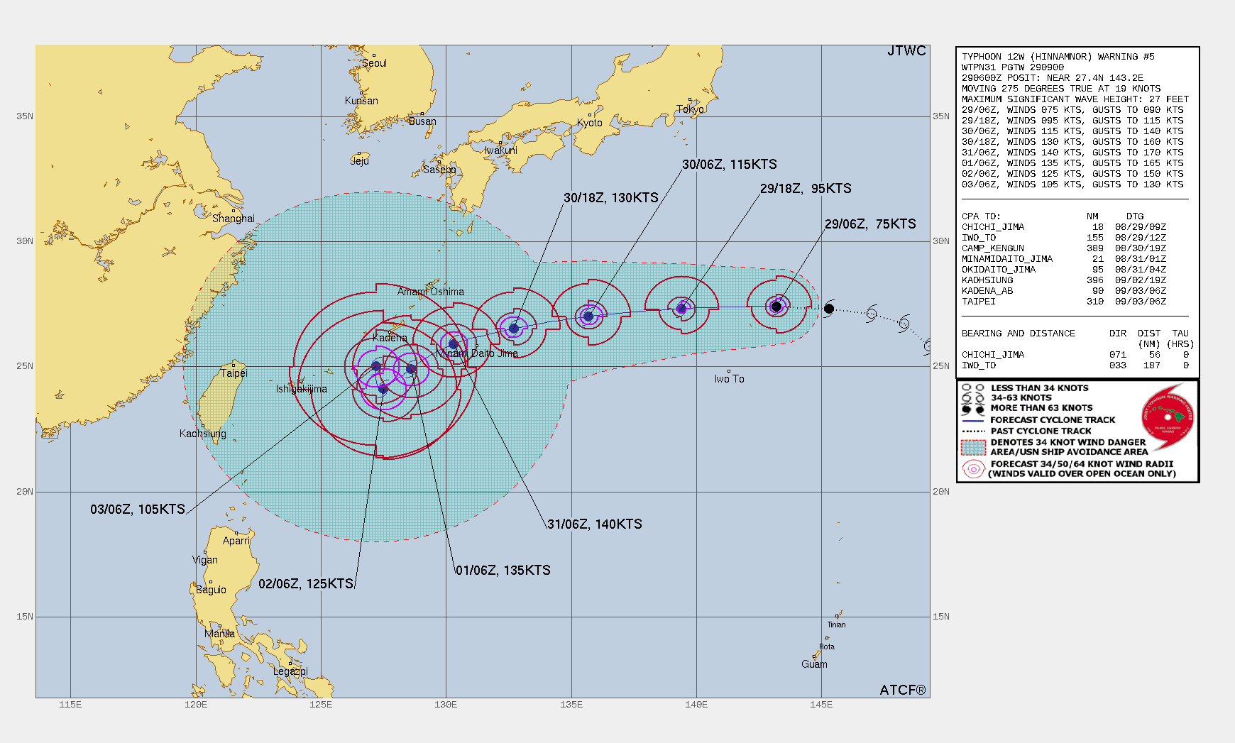 FORECAST REASONING.  SIGNIFICANT FORECAST CHANGES: INCREASED THE PEAK INTENSITY TO 140 KNOTS. SHIFTED THE 3-DAY TO 5-DAY FORECAST TRACK SOUTH OF OKINAWA.   FORECAST DISCUSSION: TY 12W IS FORECAST TO TRACK QUICKLY WESTWARD TO WEST-SOUTHWESTWARD OVER THE NEXT TWO DAYS AS IT TRACKS ALONG THE SOUTHERN PERIPHERY OF THE STR, TRANSITIONING FROM THE EASTERN STR TO THE WESTERN STR POSITIONED OVER THE EAST CHINA SEA. A MIDLATITUDE SHORTWAVE TROUGH IS STILL EXPECTED TO DIG OVER THE KOREAN PENINSULA NEAR 311200Z, HOWEVER, THE TROUGH IS TOO FAR NORTH AND PROPAGATES NORTHEASTWARD QUICKLY WITH LITTLE IMPACT ON TY 12W'S TRACK. TY 12W IS EXPECTED TO RAPIDLY INTENSIFY OVER THE NEXT 24 TO 36 HOURS REACHING A PEAK INTENSITY OF 140 KNOTS BY TAU 48. NEAR TAU 72, TY 12W WILL ENCOUNTER A COMPETING STEERING SYNOPTIC PATTERN WITH A STR TO THE NORTHEAST AND WEST AND THE NEAR-EQUATORIAL RIDGE TO THE SOUTH, WHICH WILL ESSENTIALLY BOX THE SYSTEM IN, LEADING TO AN EXTENDED PERIOD OF SLOW, QUASI-STATIONARY MOTION. AS THE SYSTEM SLOWS, UPWELLING COOLER WATER WILL SERVE TO GRADUALLY WEAKEN THE SYSTEM THROUGH TAU 120. DUE TO THE COMPETING STEERING,  THERE IS HIGH UNCERTAINTY IN THE EXACT TRACK OF THE CENTER.  REGARDLESS, THE SYSTEM IS EXPECTED TO TRANSITION INTO A LARGE SYSTEM  WITH A 400-500NM DIAMETER.