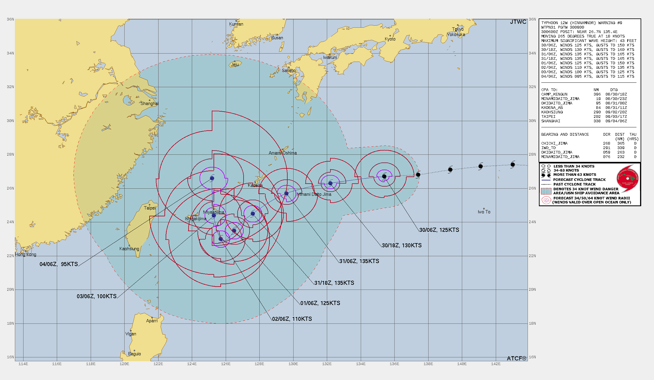 TY 12W IS FORECAST TO CONTINUE TRACKING GENERALLY WESTWARD THROUGH TAU 24 UNDER THE STEERING INFLUENCE OF THE STR TO THE NORTH. HAVING JUST COMPLETED AN EYE WALL REPLACEMENT CYCLE (ERC), 12W HAS REINTENSIFIED BACK TO 125 KTS AND REMAINS IN A FAVORABLE ENVIRONMENT MARKED BY WARM SEA SURFACE TEMPERATURES (30-31C), MODERATE VERTICAL WIND SHEAR (15-20KTS) AND STRONG OUTFLOW ALOFT. 12W IS FORECAST TO REACH A POTENTIAL PEAK INTENSITY OF 135KTS OR POSSIBLY HIGHER BY TAU 36. BY THIS TIME, TWO MAIN FACTORS BEGIN TO ALTER THE TRAJECTORY OF 12W. A MIDLATITUDE SHORTWAVE TROUGH IS EXPECTED TO DIG OVER THE KOREAN PENINSULA AND BREAK DOWN THE CURRENT STR TO THE NORTH. AS A RESULT THE STR TO THE WEST WILL TAKE PRIMARY CONTROL AND 12W IS FORECAST TO TRACK MORE EQUATORWARD ALONG ITS SOUTHWESTERN PERIPHERY UNTIL ENDING UP IN A COMPETING STEERING SYNOPTIC PATTERN, WITH A STR TO THE NORTHEAST AND WEST, AND A NEAR-EQUATORIAL RIDGE TO THE SOUTH. THE SECOND FACTOR BEING A POTENTIAL BINARY INTERACTION WITH 98W WHICH IS CONSOLIDATING 400NM TO THE SOUTH OF 12W, ALREADY WITHIN CAPTURE DISTANCE. AS THESE TWO FACTORS MANIFEST THE SYSTEM IS FORECAST TO BEGIN TO TRACK SOUTHWESTWARD AND NEAR TAU 48 AS THE STEERING ENVIRONMENT BECOMES INCREASINGLY COMPLICATED TRACK SPEEDS WILL SLOW AND UPWELLING WILL BEING TO SIGNIFICANTLY IMPACT INTENSITY.  TAU 72 IS A SIGNIFICANT INFLECTION POINT AS MODELS AGREE 12W WILL EXECUTE A POLEWARD TURN AND TRACK NORTHWARD WITH A BULK OF THE GUIDANCE INDICATING A NORTH-NORTHWESTWARD AND EVENTUAL NORTHWARD TRACK THROUGH THE FORECAST PERIOD. AFTER THIS TURN NEAR TAU 72 THERE IS A POTENTIAL FOR REINTENSIFICATION THOUGH THE AMOUNT OF TIME SPENT QS OVER COOLER WATERS WILL HAVE A STRONG IMPACT ON LONG-RANGE INTENSITY FORECAST.