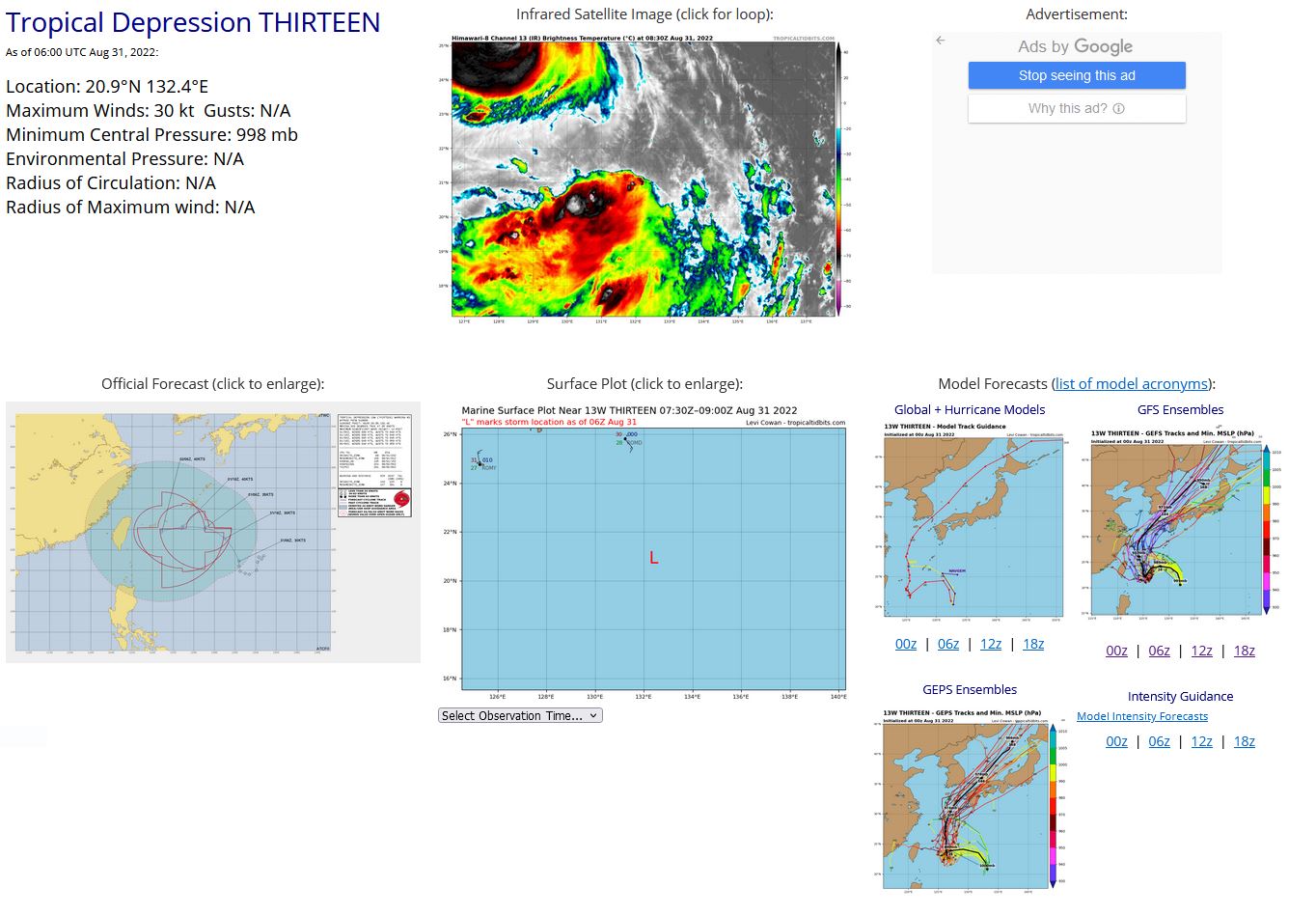 SATELLITE ANALYSIS, INITIAL POSITION AND INTENSITY DISCUSSION: ANIMATED MULTISPECTRAL SATELLITE IMAGERY (MSI) DEPICTS A FULLY EXPOSED LOW LEVEL CIRCULATION CENTER (LLCC) WITH TIGHTLY WRAPPING LOW LEVEL CLOUD LINES. A 310453Z AMSR2 89GHZ MICROWAVE PASS REVEALS THAT 13W IS UNDER RELENTLESS NORTHEASTERLY SHEAR DUE TO THE OUTFLOW FROM 12W WHICH IS 330NM NORTH-NORTHWEST. THE INITIAL POSITION IS PLACED WITH HIGH CONFIDENCE BASED ON MSI AND AMSR2 MICROWAVE IMAGERY. THE INITIAL INTENSITY OF 30 KTS IS ASSESSED WITH HIGH CONFIDENCE BASED ON ADT, SATCON INTENSITY ESTIMATES AND PREVIOUS SCATTEROMETER DATA.