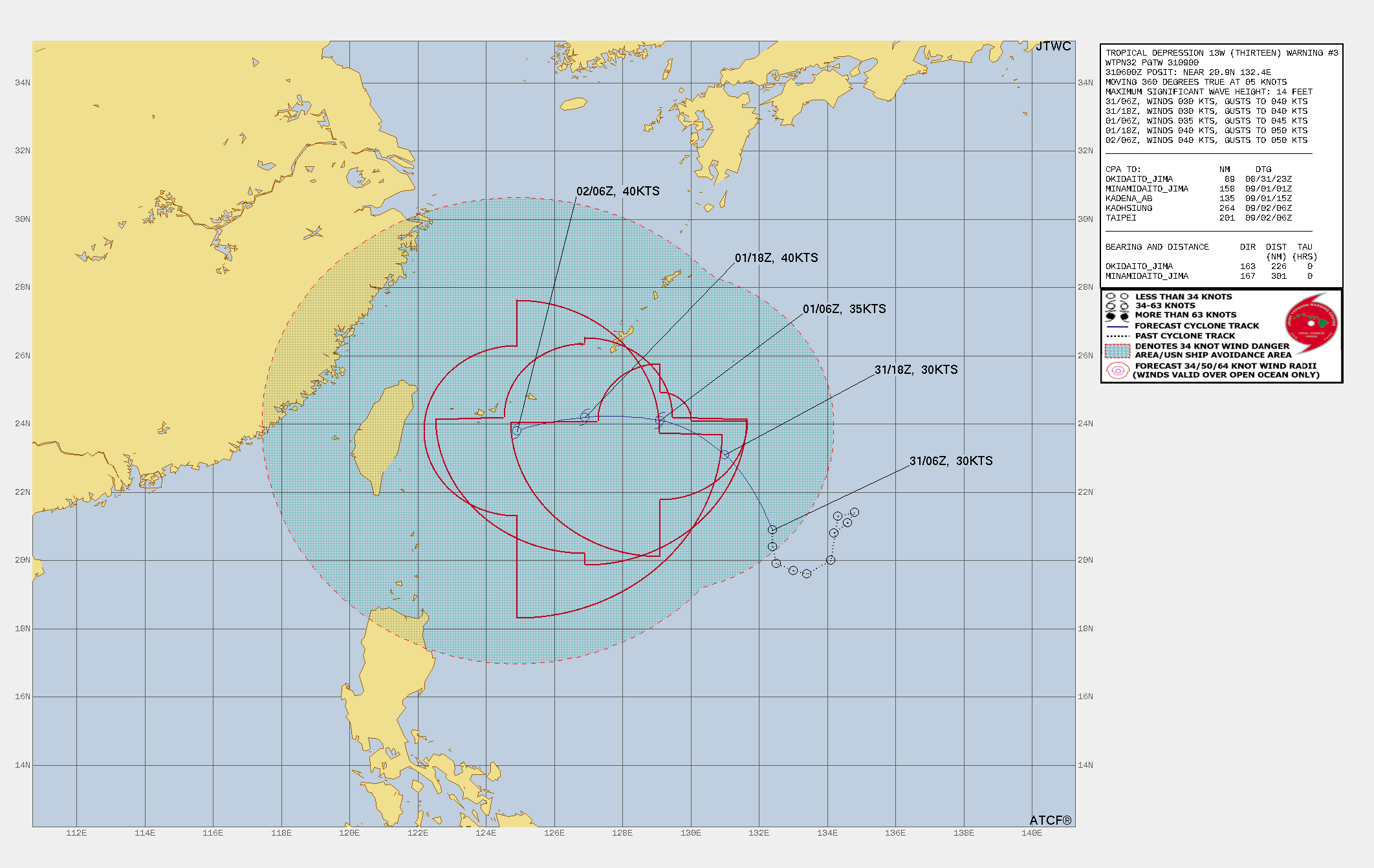 FORECAST REASONING.  SIGNIFICANT FORECAST CHANGES: THERE ARE NO SIGNIFICANT CHANGES TO THE FORECAST FROM THE PREVIOUS WARNING.  FORECAST DISCUSSION: TD 13W IS FORECAST TO TRACK GENERALLY NORTH-NORTHWESTWARD ALONG THE EASTERN PERIPHERY OF STY 12W. WHILE THE SYSTEM IS CURRENTLY BEING LIMITED BY THE OUTFLOW FROM 12W WHICH HAS FULLY EXPOSED THE LLCC, THERE IS A NOTABLE OPPORTUNITY FOR DEVELOPMENT AFTER TAU 12. ONCE 13W ESCAPES THIS REPRESSIVE OUTFLOW AND MOVES PARALLEL TO 12W THE OUTFLOW ENVIRONMENT SHOULD IMPROVE DRAMATICALLY, MODEL FIELDS SUGGEST LIMITED EASTWARD AND POLEWARD OUTFLOW FROM STY 12W AND DEVELOPMENT OF AN EQUATORWARD AND EASTWARD OUTFLOW CHANNEL FOR TD 13W. THIS NEW OUTFLOW PATTERN COUPLED WITH THE ALREADY WARM SEA SURFACE TEMPERATURES AND MILD VERTICAL WIND SHEAR SHOULD ALLOW FOR A PERIOD OF INTENSIFICATION TO A PEAK OF APPROXIMATELY 40 KNOTS BY TAU 36. AFTER TAU 36, 13W WILL CONTINUE TO INTERACT WITH STY 12W UNTIL FULLY DISSIPATING AS A SEPARATE AND DISTINCT CIRCULATION CENTER BY TAU 48 WITH AN INTENSITY NEAR 40KTS. FURTHERMORE, THERE IS A SMALL CHANCE FOR A SECONDARY OUTCOME TO THIS STORY. HWRF-P HAS SHOWN CONSISTENT MODEL OUTPUTS THAT INDICATE 13W MAY BE ABLE TO DEVELOP AND MAINTAIN A VERY SMALL, DISTINCT CIRCULATION CENTER, THAT TAPS INTO THE AFOREMENTIONED GOOD DIVERGENT OUTFLOW AND RAPIDLY INTENSIFIES TO TYPHOON STRENGTH BEFORE TAU 48, THEN MAKES A COMPLETE ORBIT OF 12W BEFORE DISSIPATING.