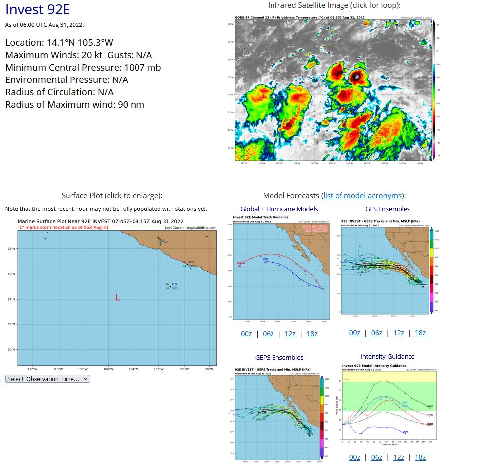 ZCZC MIATWOEP ALL TTAA00 KNHC DDHHMM  Tropical Weather Outlook NWS National Hurricane Center Miami FL 1100 PM PDT Tue Aug 30 2022  For the eastern North Pacific...east of 140 degrees west longitude:  1. Offshore of Southwestern Mexico: A tropical wave located a few hundred miles south of Manzanillo,  Mexico is producing a large area of disorganized showers and  thunderstorms.  Environmental conditions are forecast to be  conducive for gradual development during the next few days, and a  tropical depression is expected to form later this week or by  this weekend. The system is forecast to move west-northwestward or  northwestward, likely remaining a few hundred miles off the coast of  southwestern Mexico.  * Formation chance through 48 hours...medium...50 percent. * Formation chance through 5 days...high...70 percent.  2. South of Southern Mexico: An area of low pressure is forecast to form south of the southern  coast of Mexico by late this week.  Gradual development of this  system is possible thereafter, and a tropical depression could  form by early next week while the disturbance moves westward or  west-northwestward near the coast of southern Mexico.   * Formation chance through 48 hours...low...near 0 percent. * Formation chance through 5 days...medium...40 percent.  Forecaster Brown