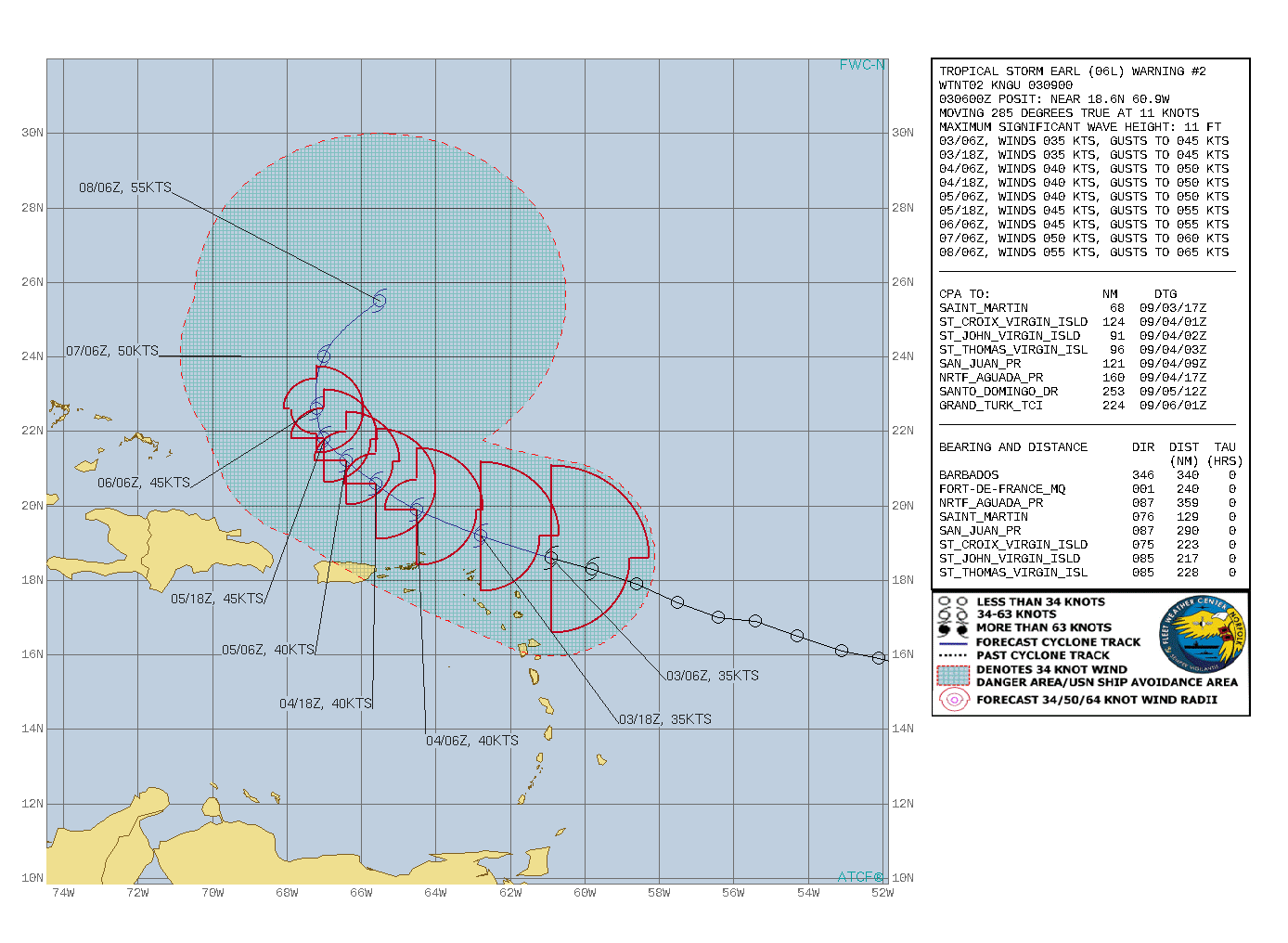 000 WTNT41 KNHC 030842 TCDAT1  Tropical Storm Earl Discussion Number   2 NWS National Hurricane Center Miami FL       AL062022 500 AM AST Sat Sep 03 2022  Satellite imagery and radar data from Guadeloupe show that Earl  remains a sheared tropical cyclone, with the low-level center  located to the west of the main convective mass. Various satellite  intensity estimates are in the 25-45 kt range and have changed  little since the last advisory.  Based on this, the initial  intensity remains 35 kt.  A NOAA Hurricane Hunter aircraft will  investigate Earl starting near 1000 UTC.  The initial motion is 285/11.  The track guidance remains in good  agreement that Earl should move west-northwestward and  northwestward with a decrease in forward speed for the next couple  of days as it is steered by the subtropical ridge. There is little  change in this part of the forecast track from the previous  advisory.  After that time, a slower motion toward the north and  eventually north-northeast is expected as a mid- to upper-level  trough develops over the Atlantic to the west and north of Earl.   The guidance envelope for the latter part of the forecast track has  shifted eastward, and while the new forecast track is also nudged  eastward it is west of the consensus models from 60-120 h.  Earl is feeling the effects of moderate westerly shear, and current  indications are this will continue for the next 48 h or so.  Thus,  the intensity forecast calls for modest strengthening during this  time.  The intensity forecast becomes more uncertain as Earl turns  northward.  While some shear is likely to continue, the dynamical  models are in good agreement that the cyclone will strengthen,  possibly due to a favorable interaction to the aforementioned  upper-level trough.  However, there is poor agreement between the  models in the details of this interaction.  Given that, the  intensity forecast from 72-120 h will show a little more  strengthening than the previous forecast.  However, the forecast  intensities are on the low side of the guidance envelope.  Tropical-storm-force winds are forecast to remain on the northern and eastern side of the circulation, and as a result, are not expected to move across the northern Leeward Islands, the Virgin Islands, or Puerto Rico.  However, any southward shift of Earl's center would increase the risk of tropical-storm-force winds in those areas.   KEY MESSAGES:  1.  Tropical Storm Earl is forecast to pass near or just to the north of the northern Leeward Islands, the Virgin Islands, and Puerto Rico over the weekend.  Gusty winds, especially in squalls, area possible on those islands over the next day or two.  2.  Heavy rainfall from Earl is expected to lead to limited flash,  urban, and small stream flooding impacts over the Leeward Islands,  U.S. and British Virgin Islands, and Puerto Rico this weekend.    Rapid rises on rivers are possible in Puerto Rico.   FORECAST POSITIONS AND MAX WINDS  INIT  03/0900Z 18.7N  61.4W   35 KT  40 MPH  12H  03/1800Z 19.2N  62.8W   35 KT  40 MPH  24H  04/0600Z 19.9N  64.5W   40 KT  45 MPH  36H  04/1800Z 20.6N  65.6W   40 KT  45 MPH  48H  05/0600Z 21.2N  66.4W   40 KT  45 MPH  60H  05/1800Z 21.8N  67.0W   45 KT  50 MPH  72H  06/0600Z 22.6N  67.2W   45 KT  50 MPH  96H  07/0600Z 24.0N  67.0W   50 KT  60 MPH 120H  08/0600Z 25.5N  65.5W   55 KT  65 MPH  $$ Forecaster Beven