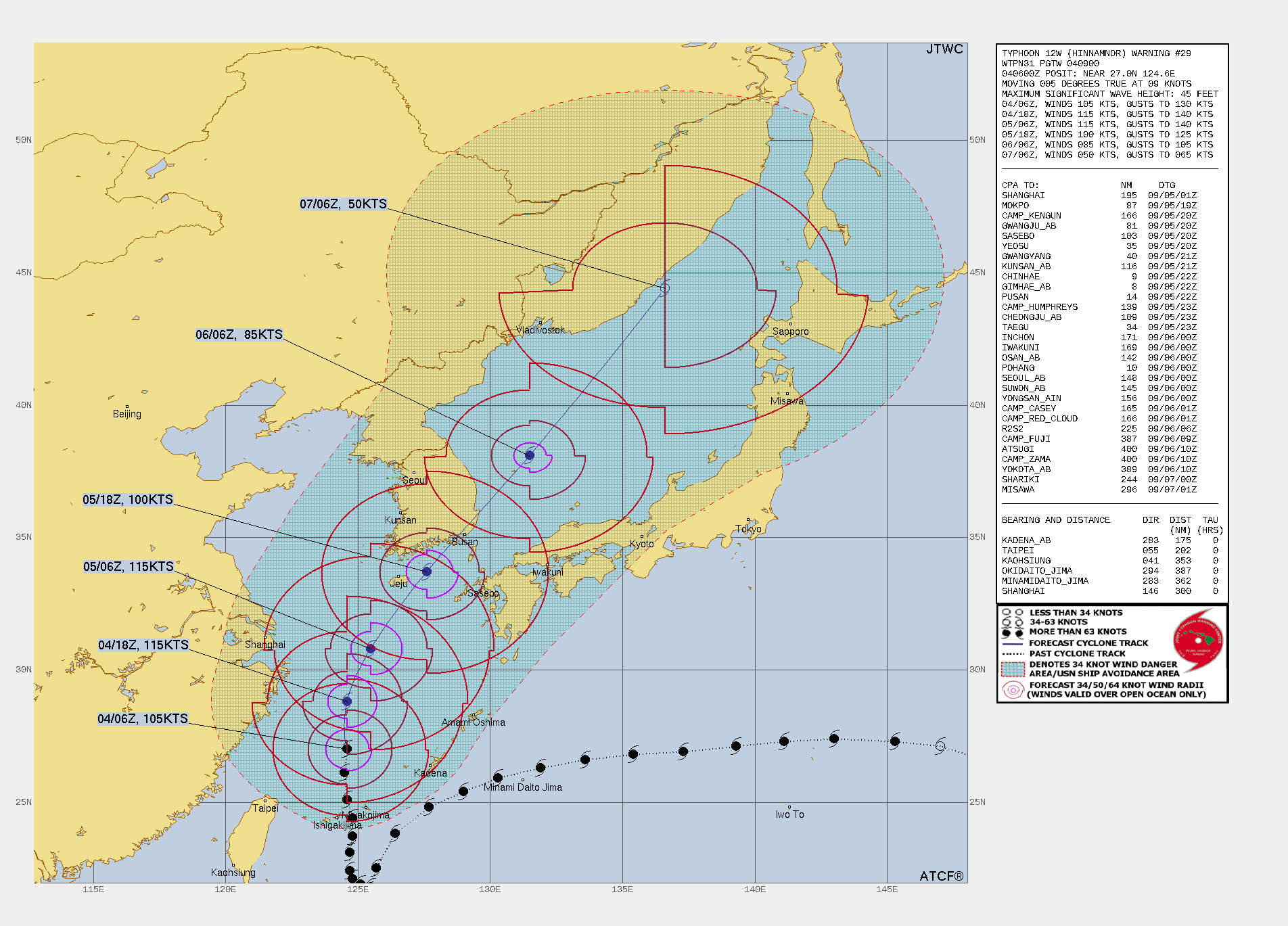 FORECAST REASONING.  SIGNIFICANT FORECAST CHANGES: THERE ARE NO SIGNIFICANT CHANGES TO THE FORECAST FROM THE PREVIOUS WARNING.  FORECAST DISCUSSION: STILL TRACKING GENERALLY NORTHWARD UNDER THE STEERING INFLUENCE OF THE STR TO THE EAST, TY 12W HAS SHOWN CONSISTENT CONSOLIDATION AND INTENSIFICATION OVER THE PAST SEVERAL HOURS. THROUGH TAU 12, THE SYSTEMS ENVIRONMENT WILL REMAIN HIGHLY FAVORABLE, CHARACTERIZED BY WARM SEA SURFACE TEMPERATURES (29C-30C), LOW VERTICAL WIND SHEAR (10-15KTS) AND VIGOROUS DUAL-CHANNEL OUTFLOW BOTH POLEWARD AND EQUATORWARD. UNFORTUNATELY FOR 12W, THE CURRENT CONCENTRIC EYEWALL SETUP, AND INCREASING M-PERC EYEWALL REPLACEMENT CYCLE (ERC) PROBABILITIES SUGGEST THAT ERC WILL TAKE PLACE IN THE NEAR FUTURE AND THE SYSTEMS INTENSITY WILL LIKELY NOT RECOVER. BECAUSE OF THIS, TY 12W IS LIKELY TO REACH PEAK INTENSITY WITHIN THE NEXT 12-18 HOURS. BY TAU 24, THE SYSTEM WILL STEADY UP ON A GENERALLY NORTHEASTWARD TRACK AS IT ROUNDS THE STR AND ACCELERATES TOWARDS THE KOREAN PENINSULA. NEAR TAU 36, NOW OVER COOLER WATERS AND INTERACTING WITH THE PENINSULA ITSELF 12W WILL CONTINUE TO WEAKEN, ALL THE WHILE THE STRONG UPPER-LEVEL LOW AND TROUGH MOVING IN FROM THE WEST WILL BOMBARD THE SYSTEM WITH VERTICAL WIND SHEAR AND FURTHER ACCELERATE 12W NORTHEASTWARD. THIS INTERACTION WITH THE PASSING TROUGH WILL BEGIN TO ROB THE SYSTEM OF ITS TROPICAL CHARACTERISTICS AND THEREBY START EXTRATROPICAL TRANSITION (ETT) AS THE SYSTEM PASSES OVER THE SOUTHERN COAST OF SOUTH KOREA. BY TAU 48 THE SYSTEM WILL STILL HAVE MUCH OF ITS FORMER INTENSITY AS IT PROGRESSES THROUGH ETT. NEAR TAU 72, NOW DEVOID OF ITS TROPICAL CHARACTERISTICS AND FULLY INCORPORATED IN THE MIDLATITUDE TROUGH, 12W IS FORECAST TO COMPLETE ETT.